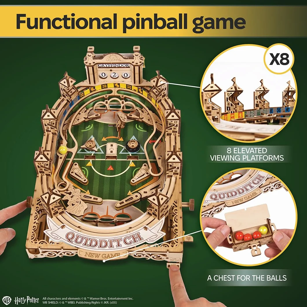 UGEARS Harry Potter Quidditch Flipper – zestaw modelarski dla dorosłych – drewniane puzzle 3D w stylu magicznego drewna – unikalny zestaw drewniany automatu do flippera jako przeżycie 3D dla dorosłych