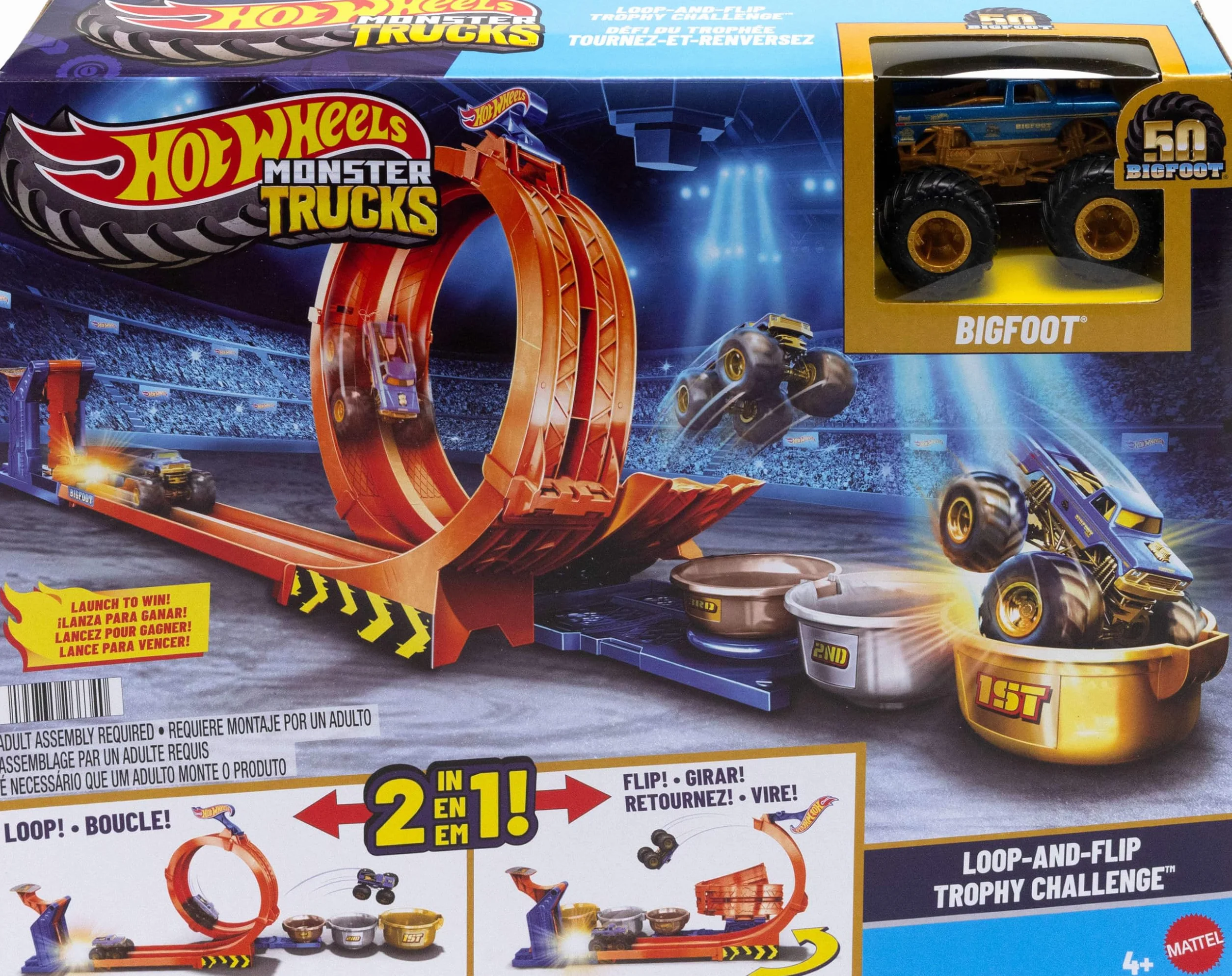Hot Wheels Monster Trucks Bigfoot 50 rocznica Pętla Skok po trofeum Zestaw do zabawy, pętla, tor samochodowy, 1 metalowy pojazd Bigfoot w skali 1:64 na 50 rocznicę, 2 sposoby zabawy, JBX64