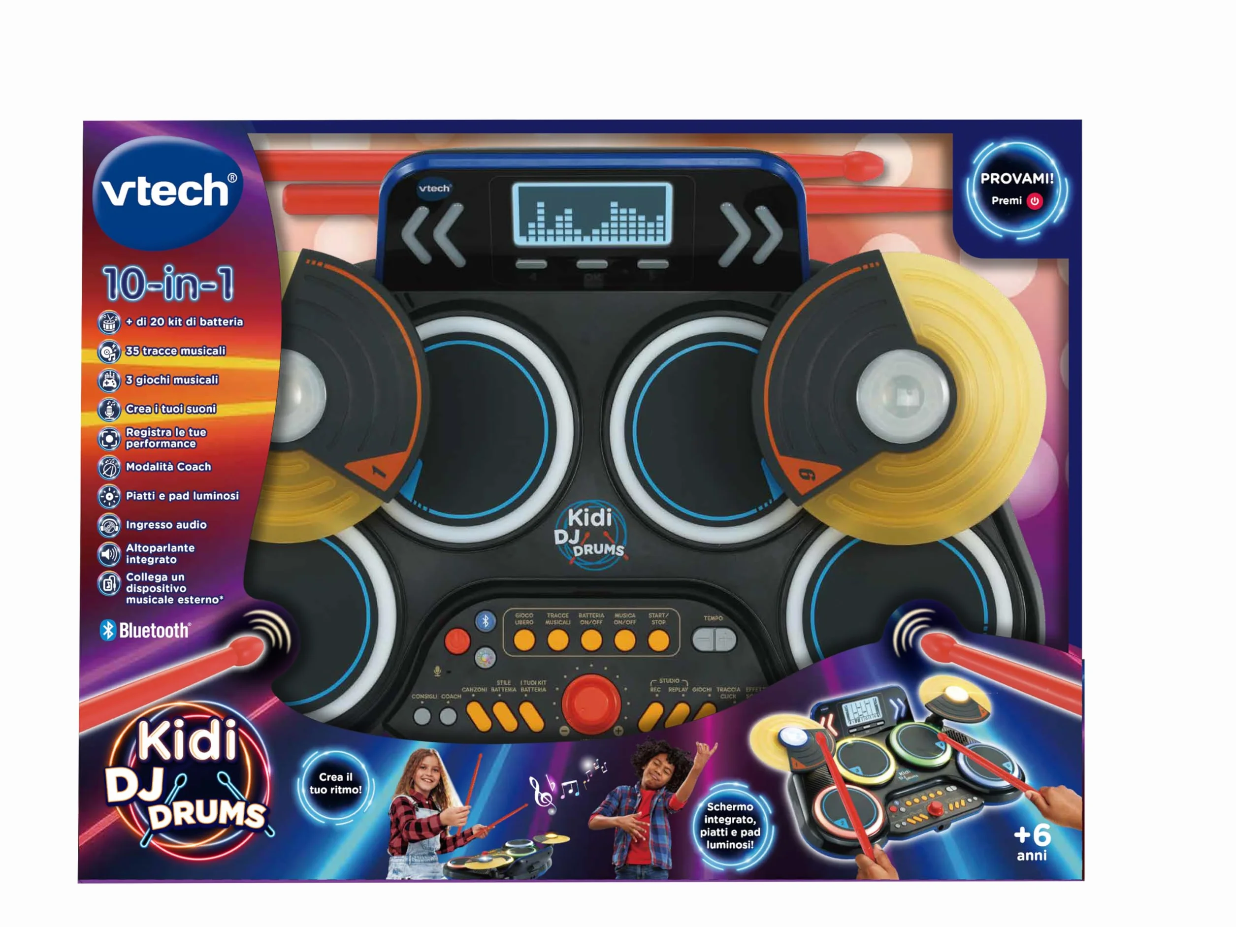 VTech Kidi DJ Drums, elektroniczny akumulator dla dzieci z podkładkami świecącymi, grami muzycznymi, trybem Bluetooth i wbudowanym mikrofonem, pałeczkami w zestawie, język włoski, baterie w zestawie,