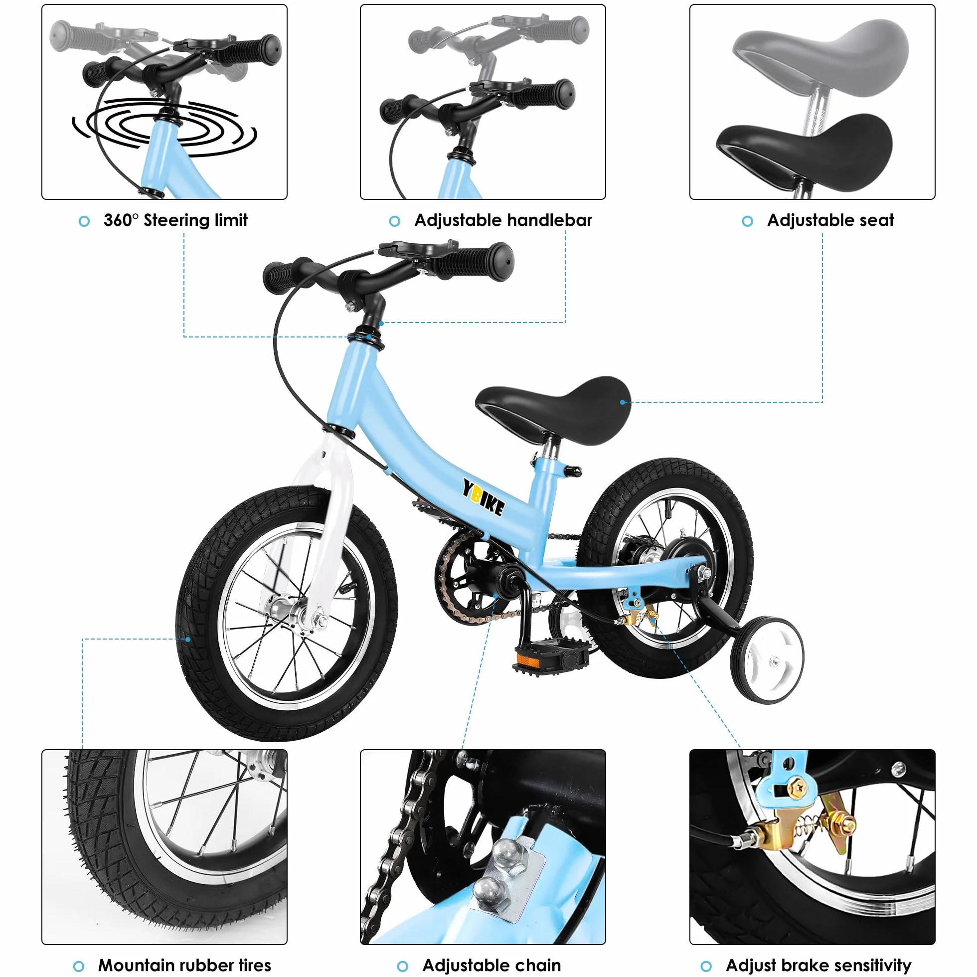 YBIKE Rower biegowy 2 w 1, podwójne zastosowanie rowerków biegowych dla dzieci i roweru dziecięcego, dla 2, 3, 4, 5, 6, 7 lat, 12, 14, 16 cali, z teorią treningu, hamulcem, pedałem