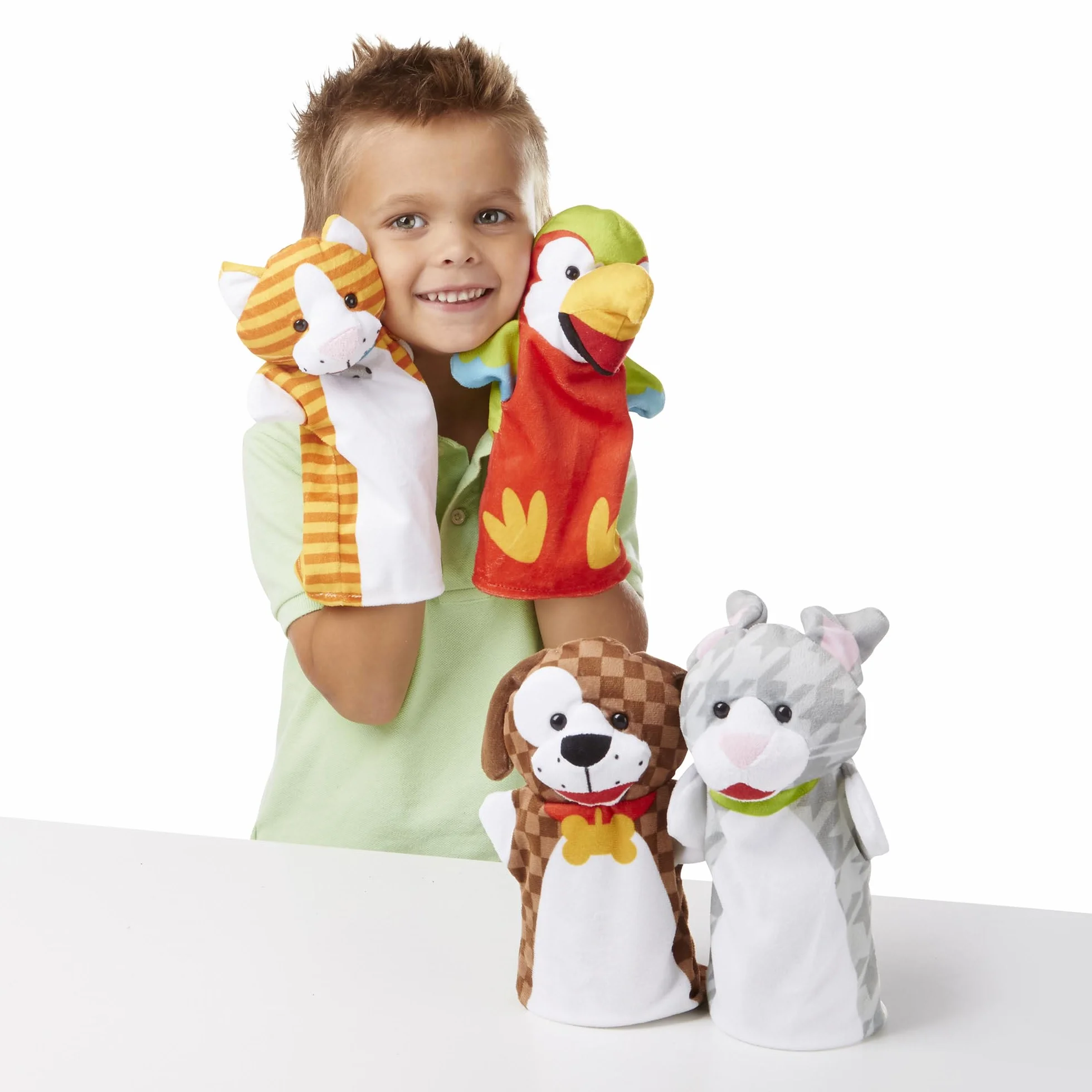 Melissa & Doug – pacynki zwierzęta domowe (zestawy pacynek: królik, papuga, kotek i piesek, miękki pluszowy materiał, zestaw 4-elementowy