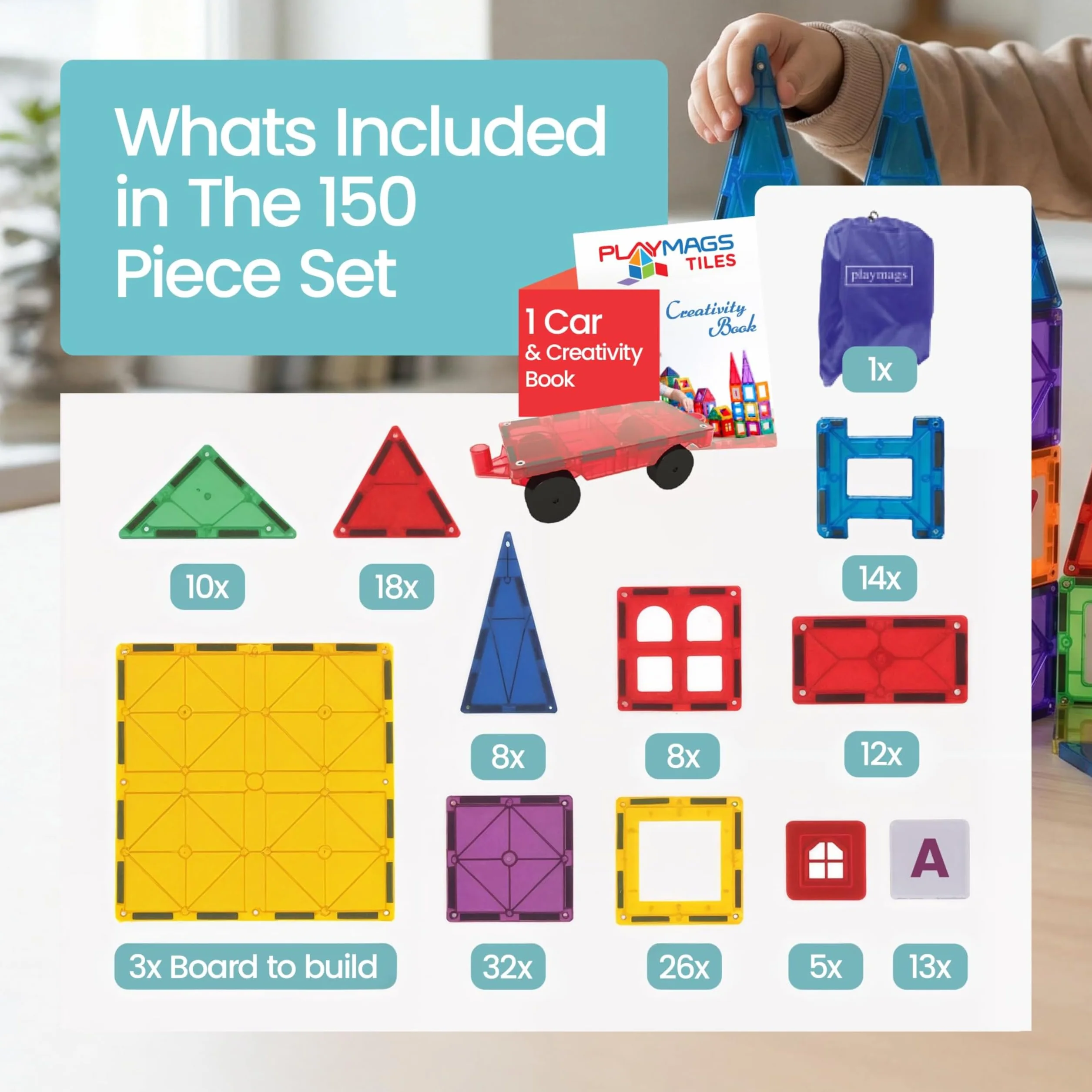 Playmags 150 Pcs Klocki Magnetyczne - Silniejsze magnesy Solidna Super Durable z Vivid jasny kolor płytek - 18 Kawałek Clickins Akcesoria do Zwiększ swoją kreatywność Zawiera Car Connectivity