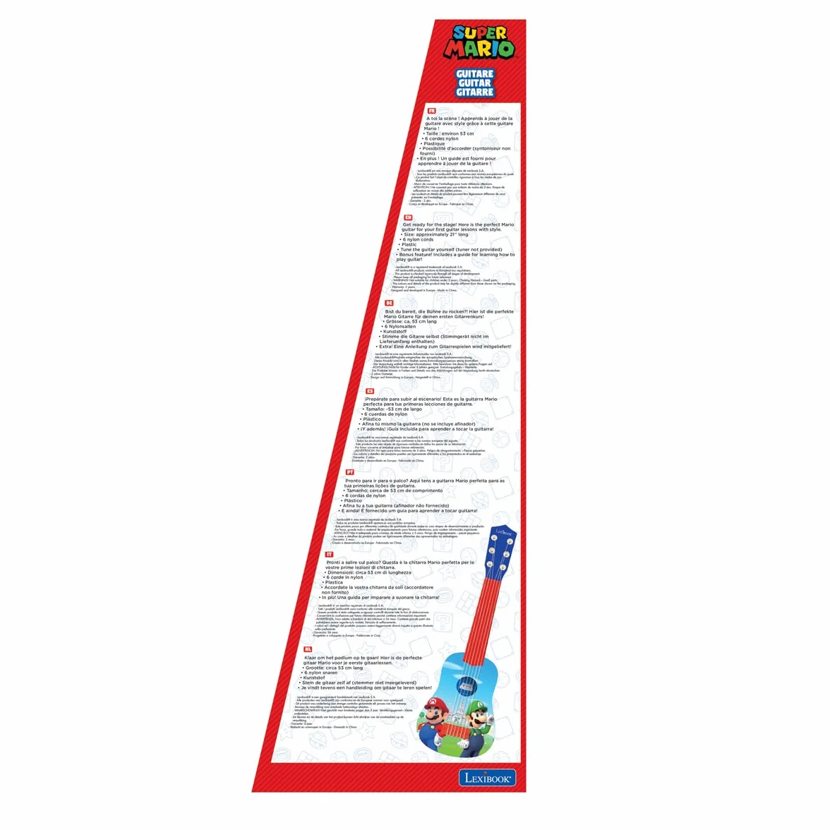 Lexibook Nintendo Mario Luigi My First Guitar, 6 Strun Nylonowych, 53 cm, Przewodnik w Zestawie, Niebieski, Czerwony, K200NI
