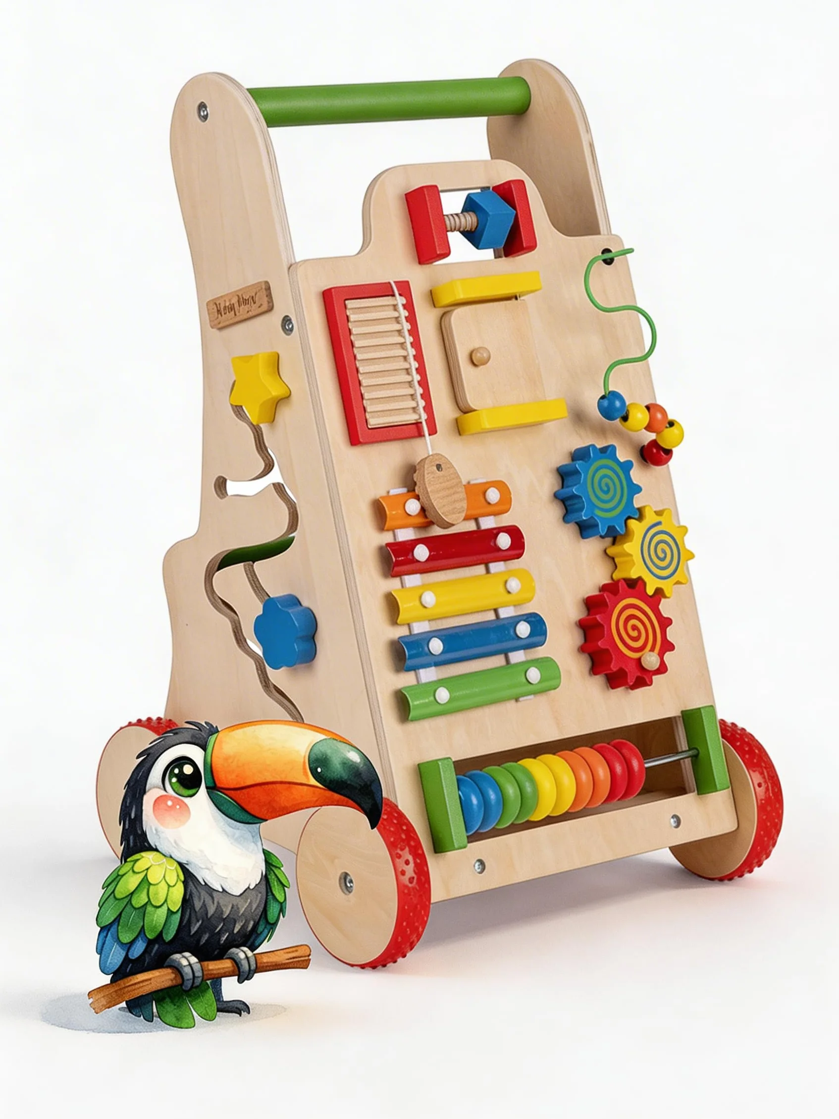 KiddyMoon Drewniany chodzik interaktywna zabawka edukacyjna dla dzieci wielofunkcyjna zabawka do pchania dla niemowląt Montessori Walker dla dzieci model WK-002, wielokolorowa