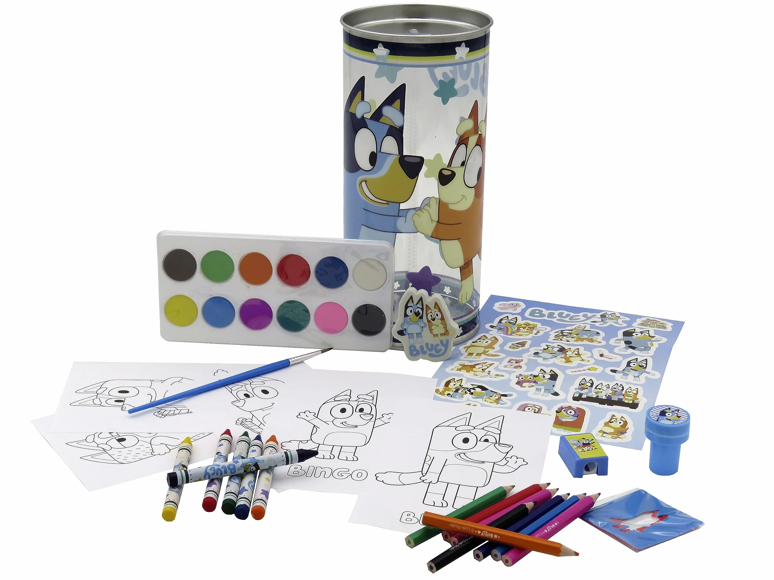 Bluey zestaw do rysowania, zestaw papeterii, materiały do rysowania, rękodzieło, skarbonka, farby, arkusze do rysowania, naklejki, oficjalny produkt (CyP Brands), Biały, 70AA