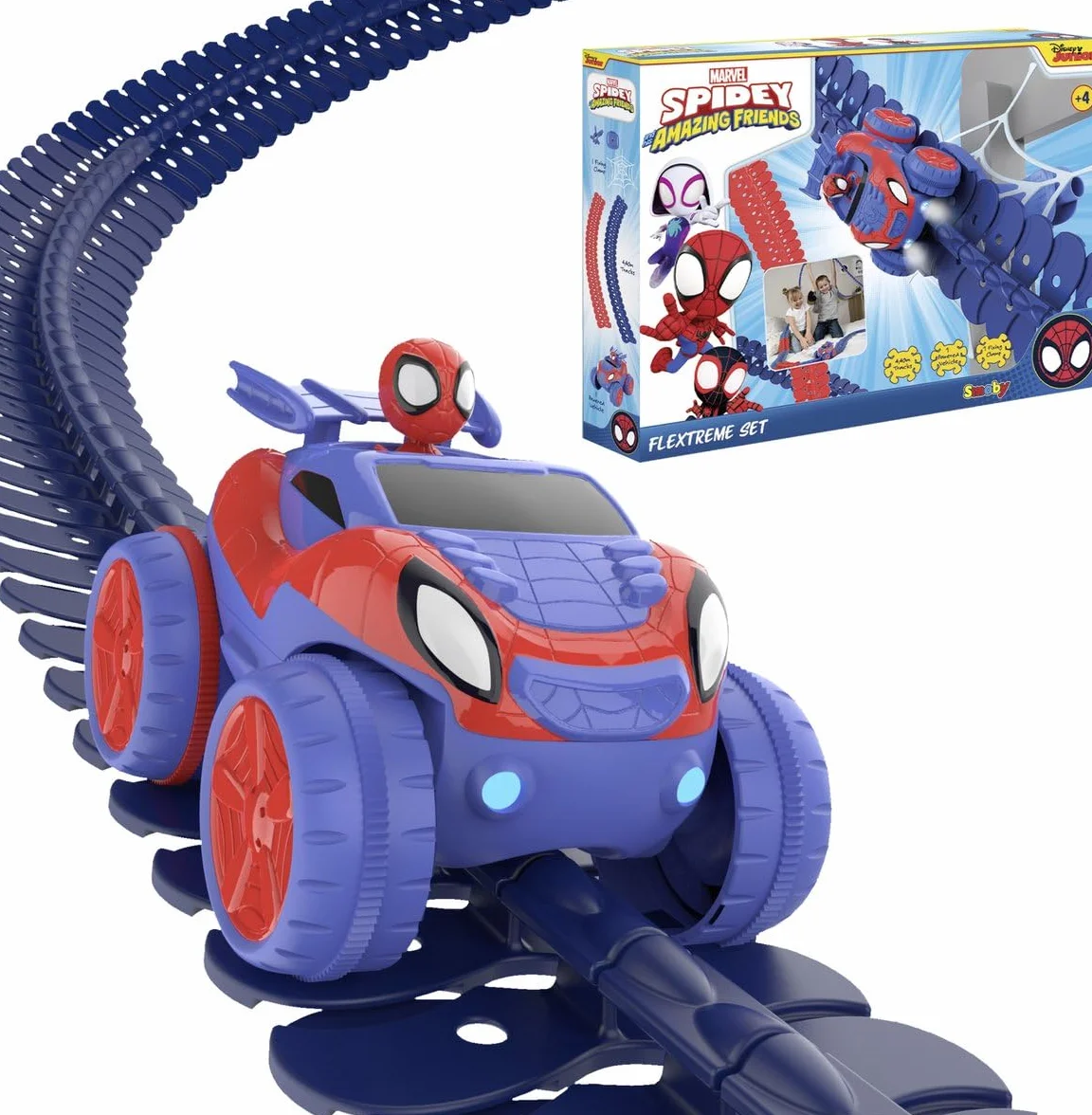 Smoby - Spidey - FleXtreme - 4m40 Tor samochodowy - 184 elastyczne i modułowe tory + 1 pojazd Spidey z efektami świetlnymi - baterie w zestawie - od 4 lat