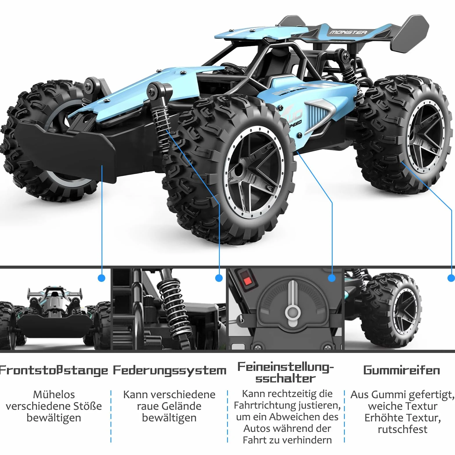Zdalnie Sterowany Samochód, 2,4 GHz 1:18, proporcjonalny 2WD 20+ km/h, Hobby, Offroad RC Auto, Wodoszczelny, RC Car dla dzieci ab 6 lat,Niebieski