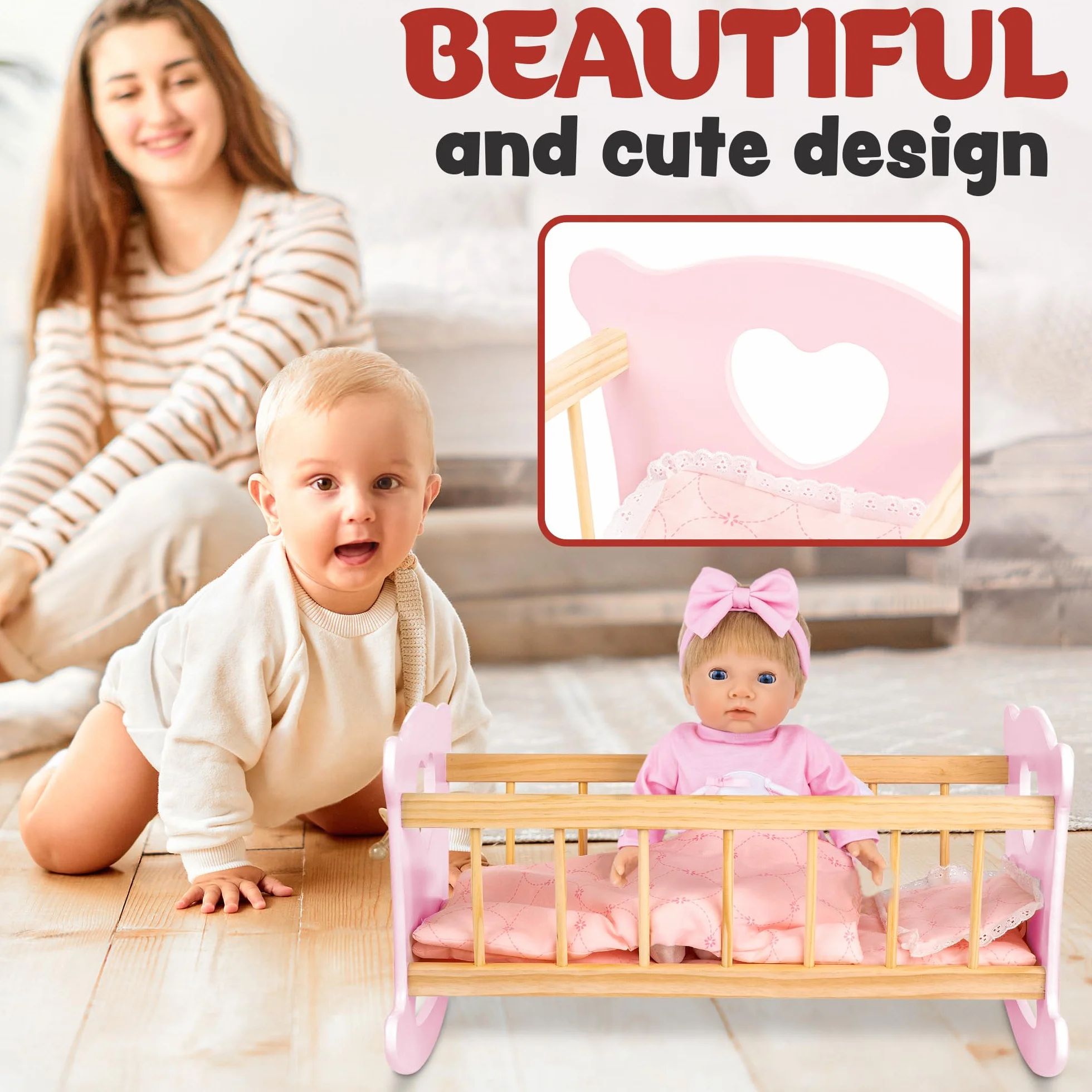 Kinderplay Łóżeczko dla Lalki, Kołyska dla lalki – Zestaw Kołyska plus Kołderka, Poduszeczka oraz Prześcieradło, dla laki o max. długości 49.5 cm., model GS2101