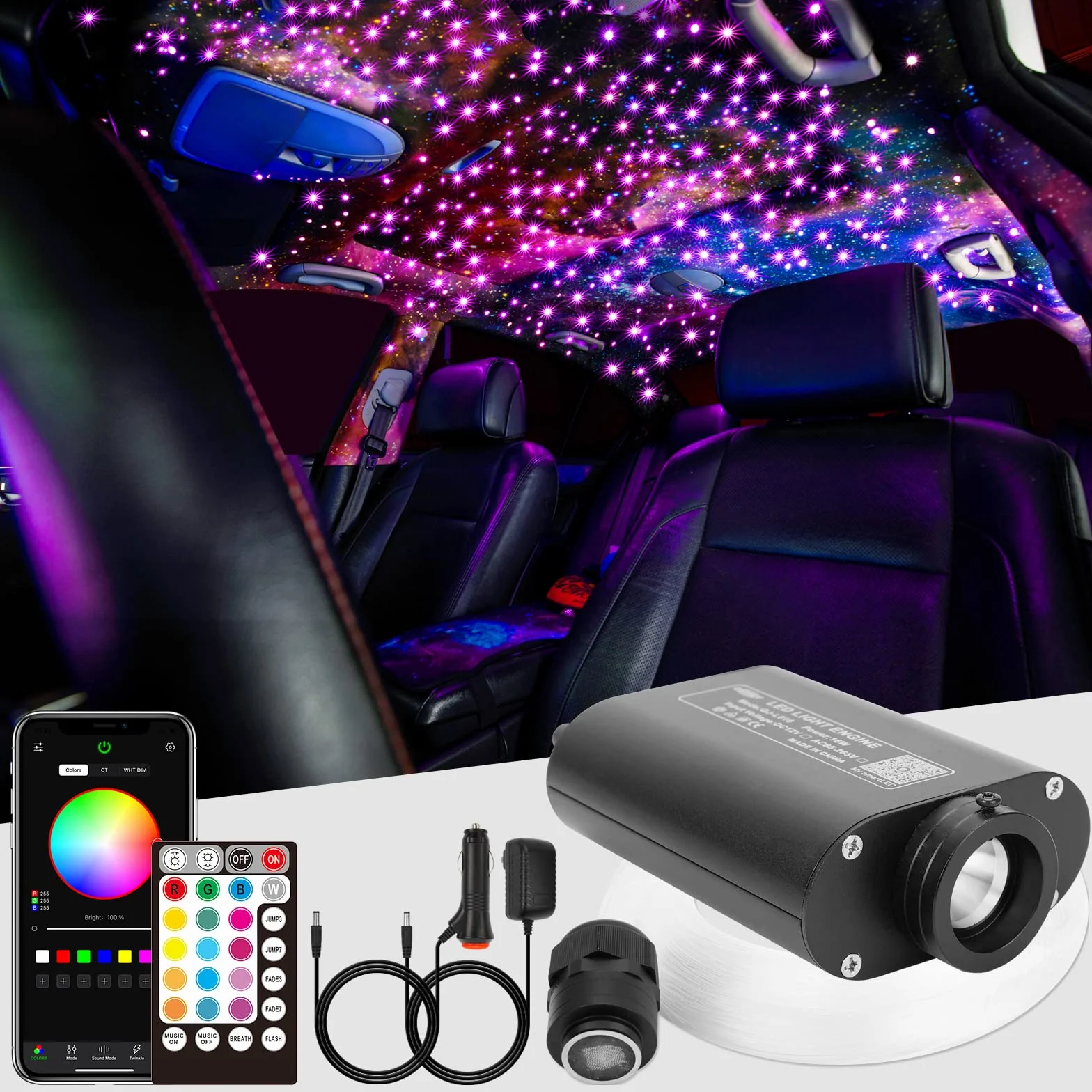 CHINLY Bluetooth 16 W RGBW LED Fiber Optic Star lampy sufitowe zestaw aplikacji/pilot zdalnego sterowania, 450 szt.*(0,75+1,0+1,5 mm)*3 m włókno szklane do domu/samochodu