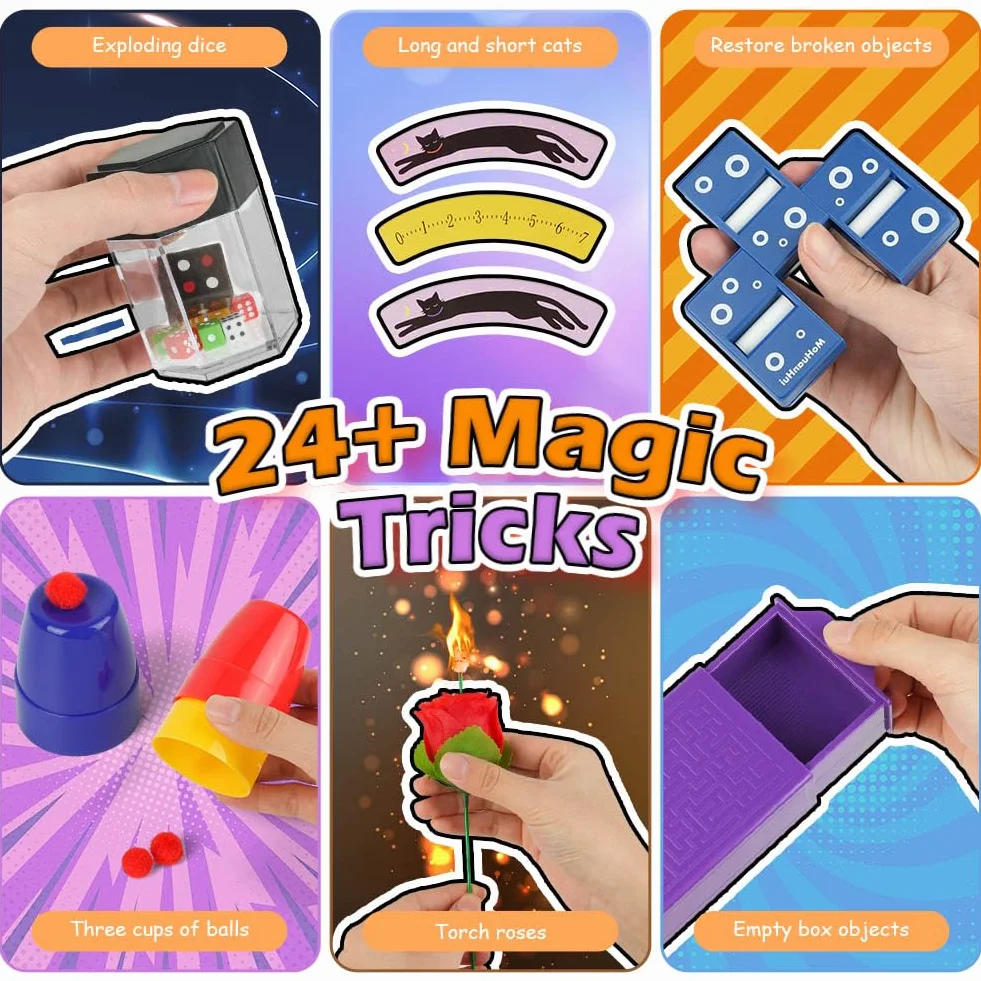 OSDUE Magiczne gry, 24 magiczne sztuczki dla dzieci, mały początkujący magiczna różdżka, zestaw magicznych sztuczek dla dzieci z magiczną peleryną i kapeluszem, prezent dla chłopców, dziewcząt