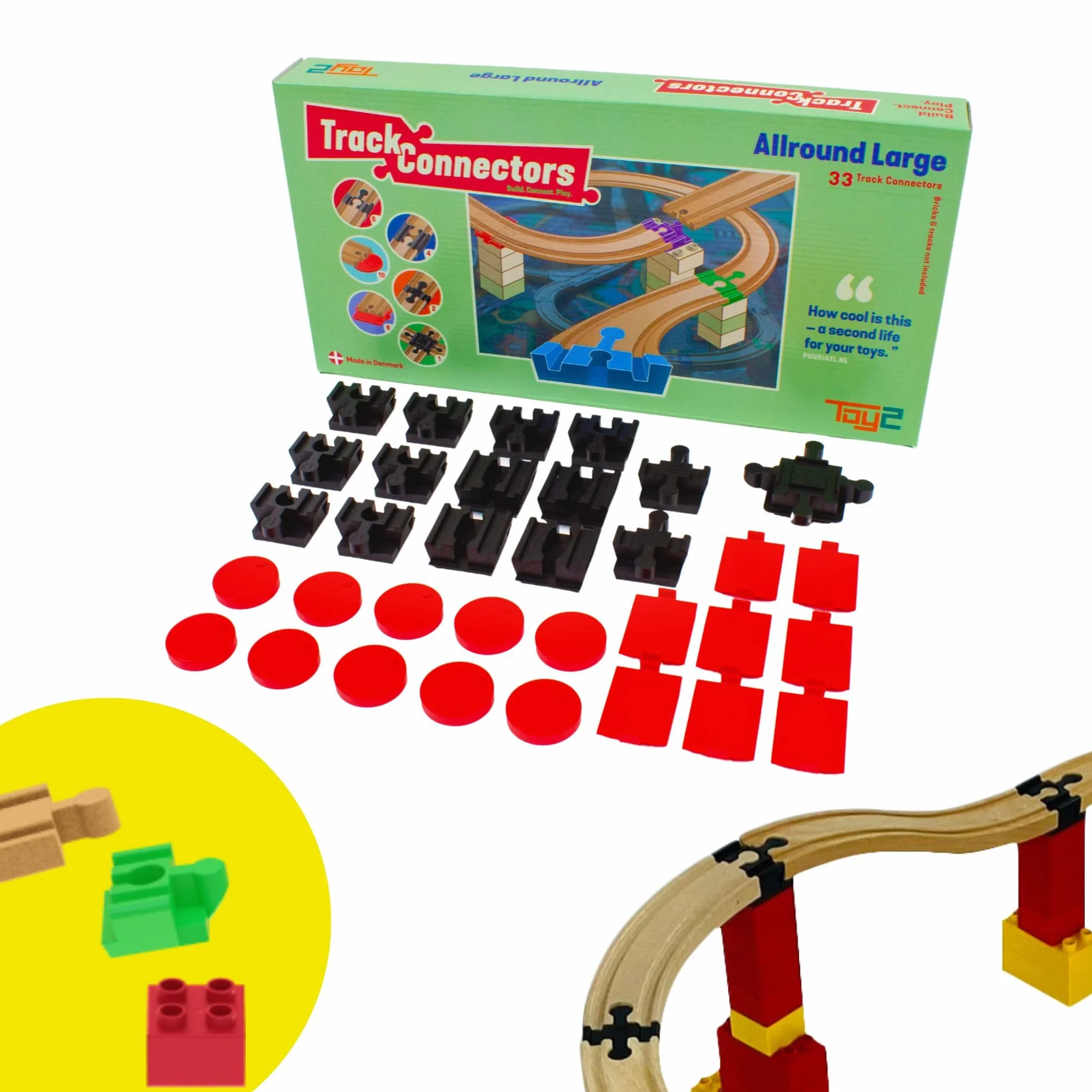 TOY2 Allround Duży zestaw z 33 złączami szynowymi kompatybilnymi z Brio & Duplo - Trwały drewniany zestaw złączy kolejowych