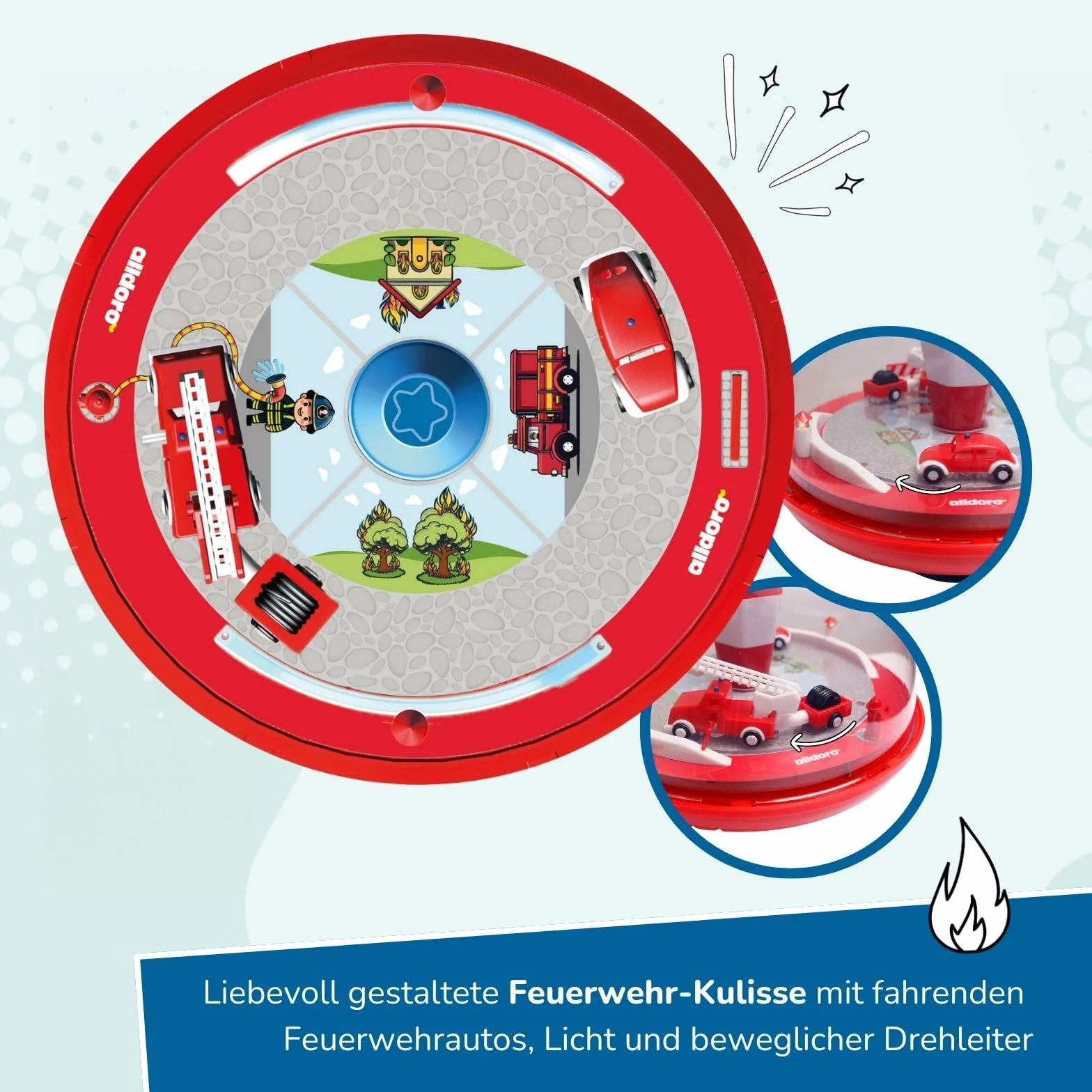 Alldoro 68030 - Panoramiczny Bączek Strażacki Ø 19 cm z Dźwiękiem i Stojakiem, Muzyczny Wóz Strażacki, Klasyczny Bączek Bezwładnościowy dla Dzieci od 18 Miesięcy