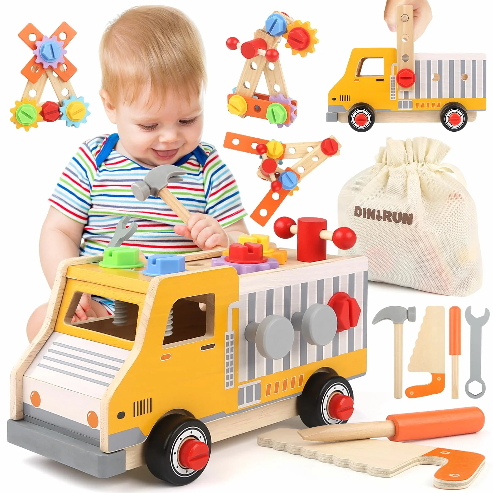 DINORUN Walizka narzędziowa dla dzieci, zabawka dla dzieci, zabawka drewniana Montessori od 2, 3, 4 lat, stół warsztatowy, prezent dla chłopców i dziewczynek, 3, 4, 5, 6 lat (47 sztuk)