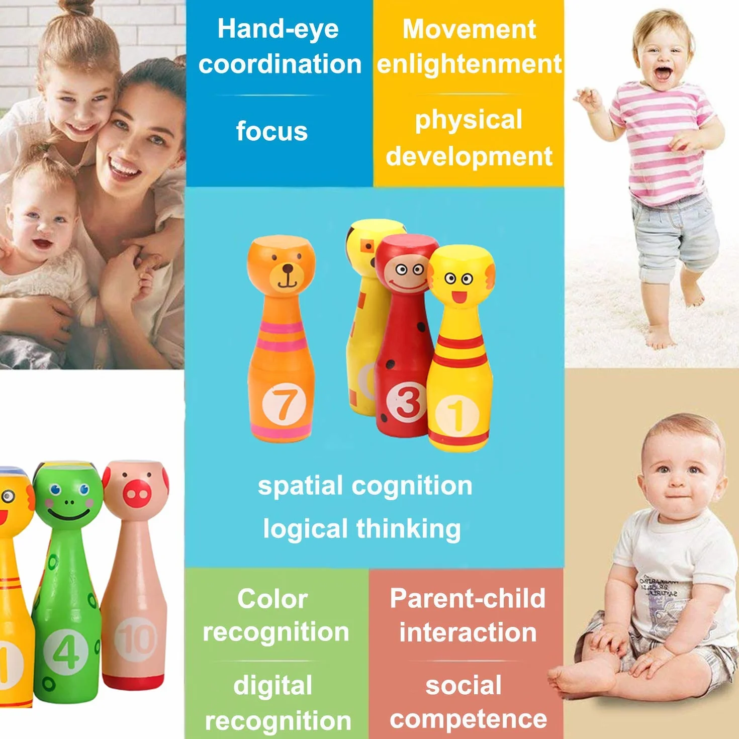 Jacootoys Zestaw kręgli kręgle gra w kręgle z 10 kręgielniami i 2 piłeczkami Interaktywne zabawki dla dzieci 3 4 5 lat
