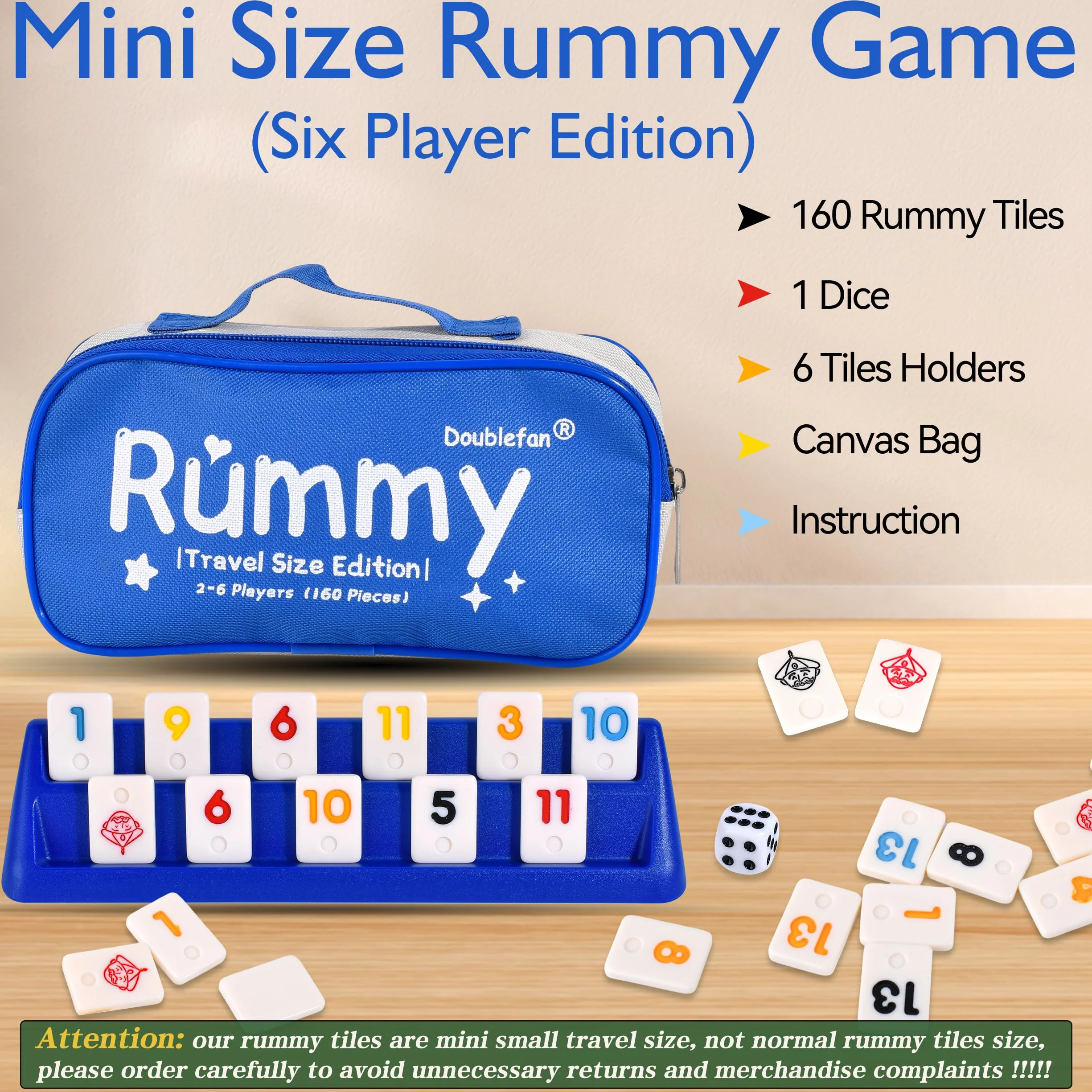 Doublefan Mini zestaw rummy, gra w podróży z wytrzymałą torbą z płótna żaglowego, klasyczna gra dla dorosłych i dzieci, 160 kamieni, 6 stojaków do zabawy, 1 kostka (2-6 graczy)