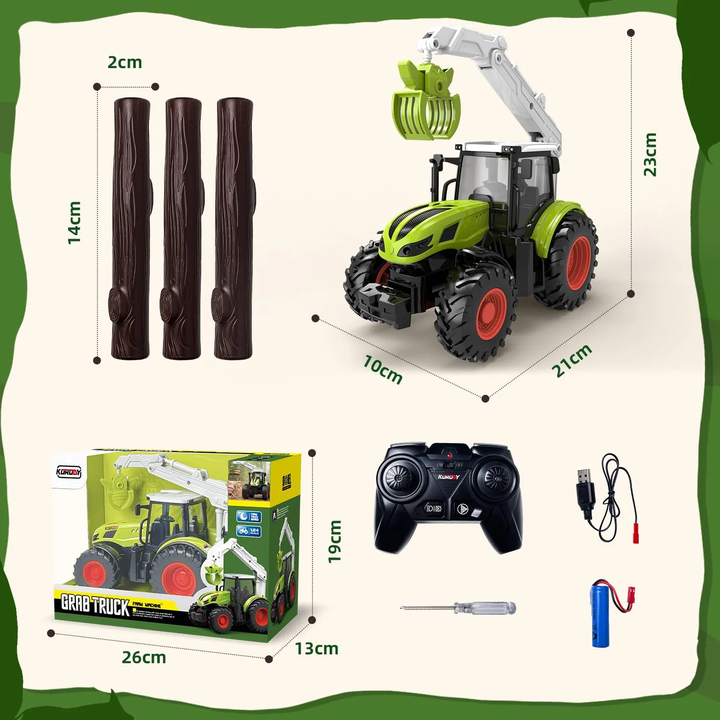 Zabawka traktorowa, zdalnie sterowany traktor, zdalnie sterowany traktor, dla dzieci od 3, 4, 5, 6 lat, zabawka dla dzieci, zielona zabawka ze światłem, drewniany chwytak i 3 pnie drzew, zdalnie