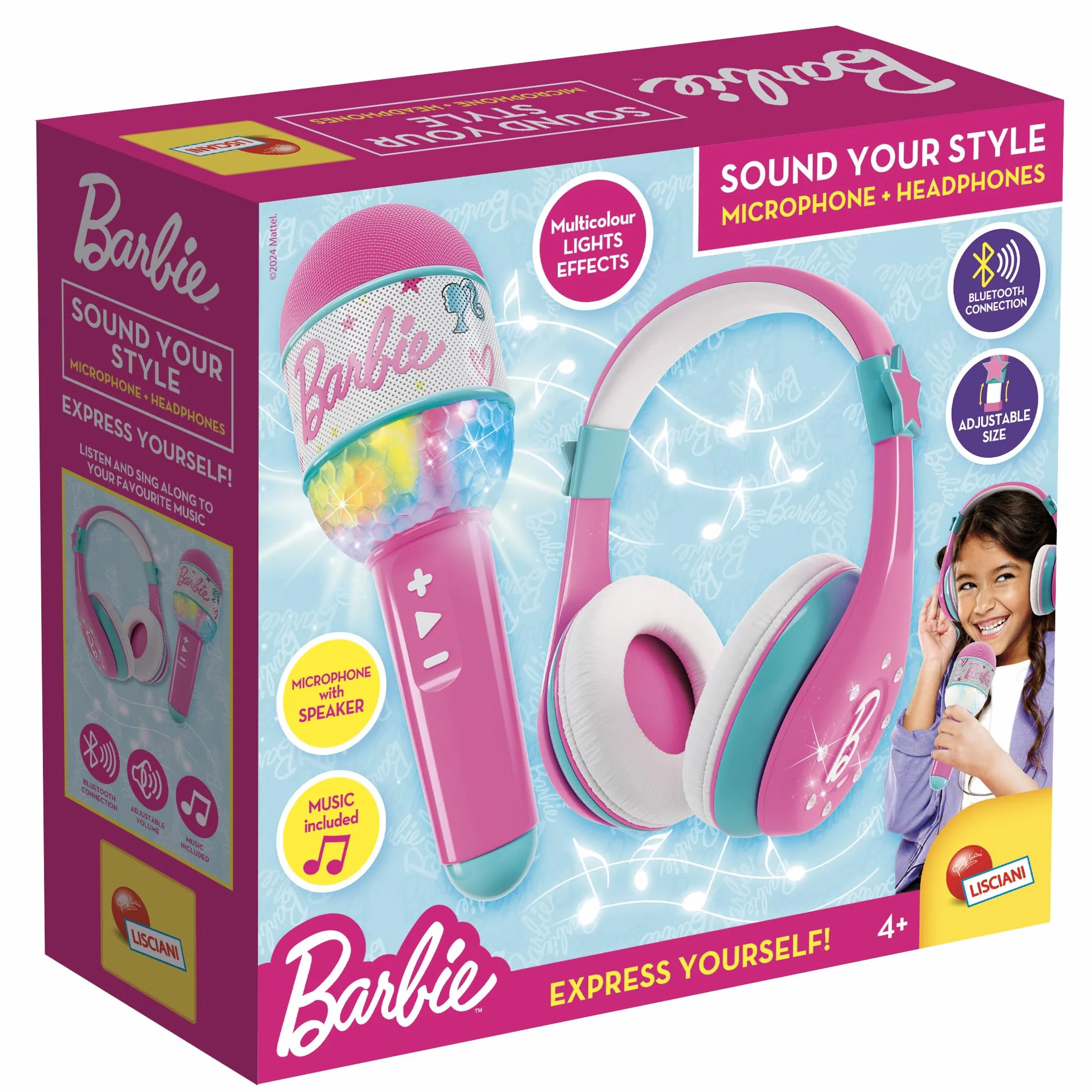 LISCIANI Dźwięk Barbie, mikrofon Bluetooth z głośnikiem, różowy, zestaw karaoke dla dzieci, muzyka i śpiew, połączenie smartfona, wielokolorowy efekt świetlny, dzieci od 4 lat