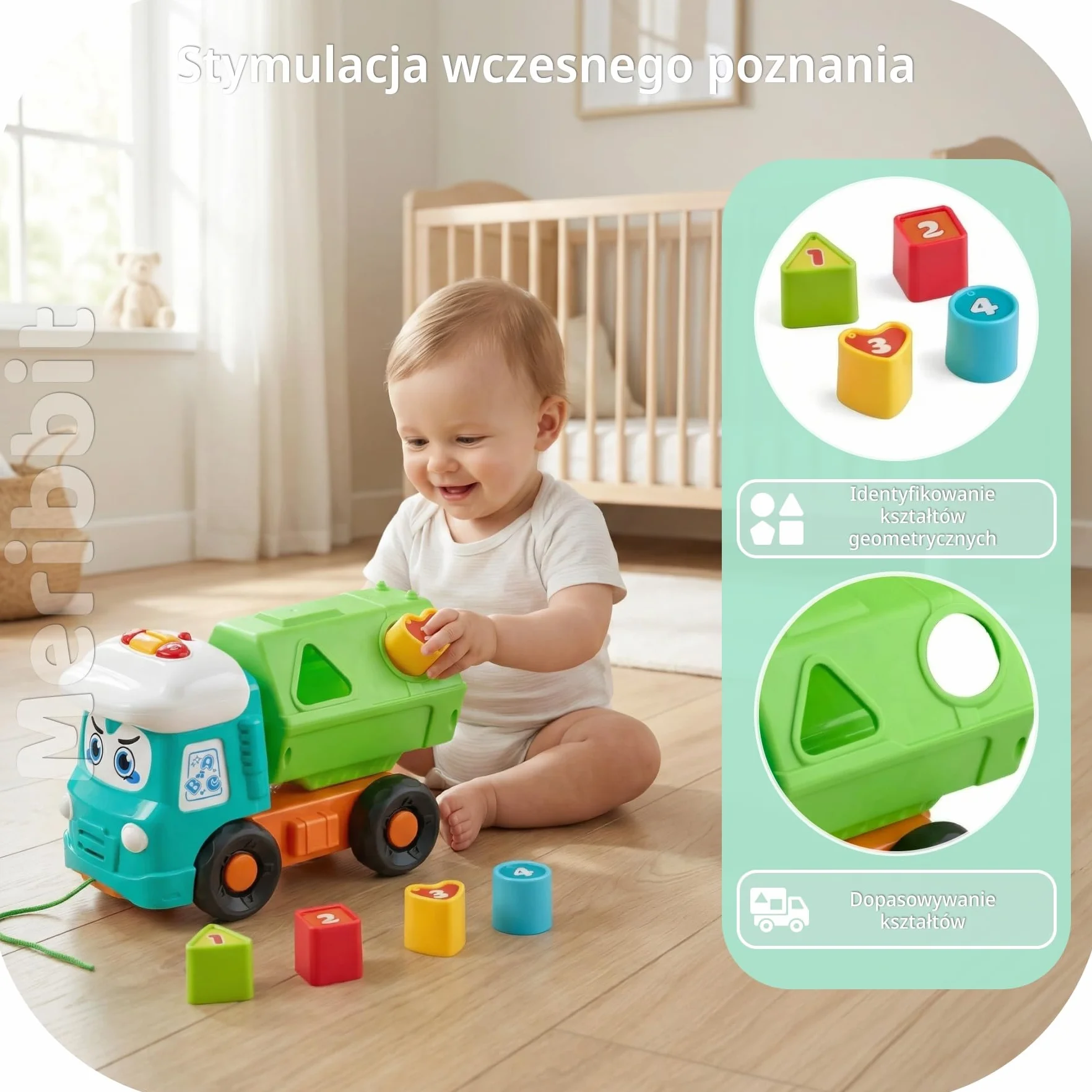 Montessori Zabawka Ciężarówka Wywrotka dla Dzieci 1-3 Lat, Pojazd Sensoryczny z Światłami i Dźwiękami, Sortowanie Kształtów, Zabawka do Ciągnięcia dla Chłopców i Dziewczynek, Edukacyjne