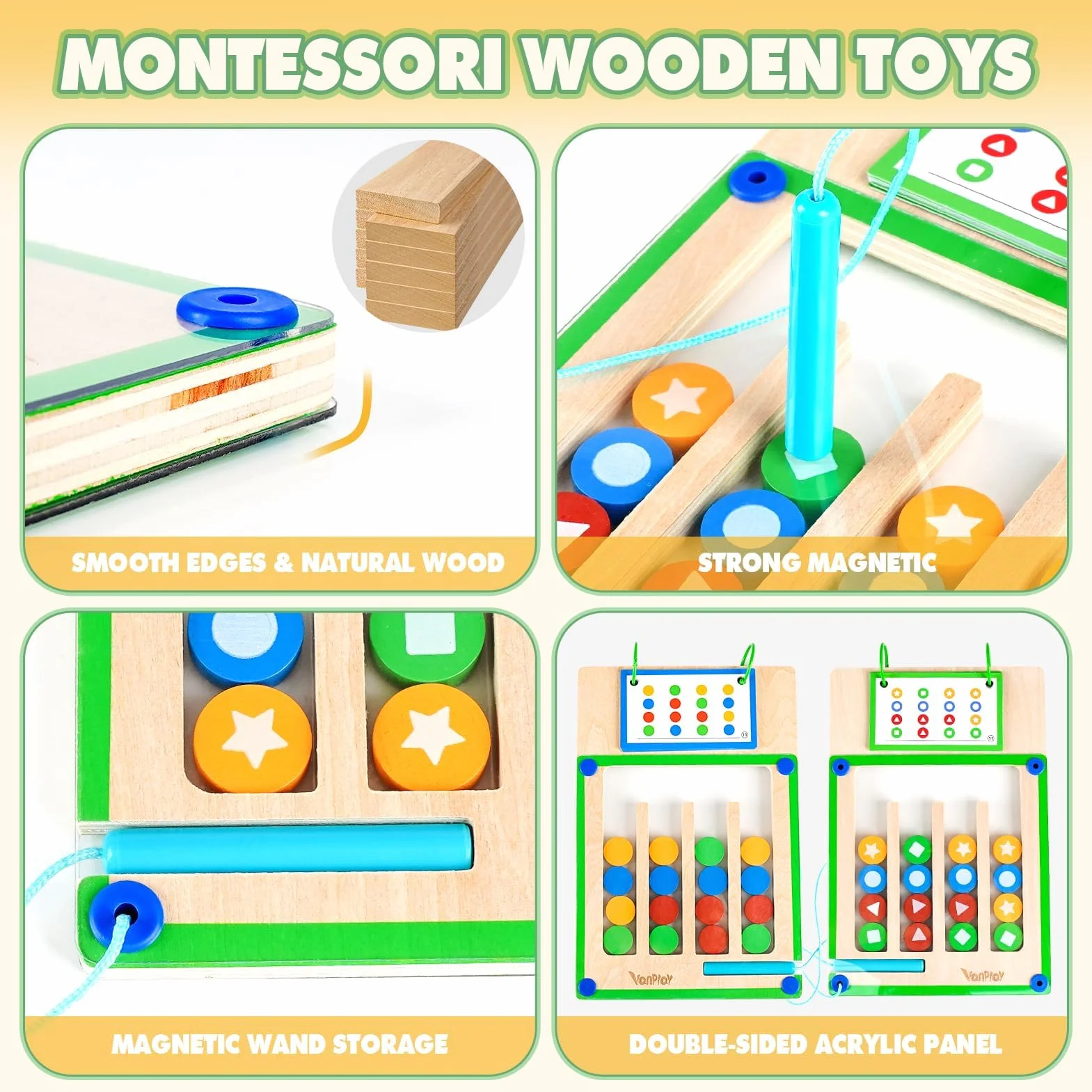 Vanplay Montessori Zabawka od 3 4 5 6 lat, Gry magnetyczne Labirynt Zabawka z sortowaniem z drewna, Zabawka edukacyjna Prezent Zabawka od 3 4 5 6 lat dla dziewczynek i chłopców