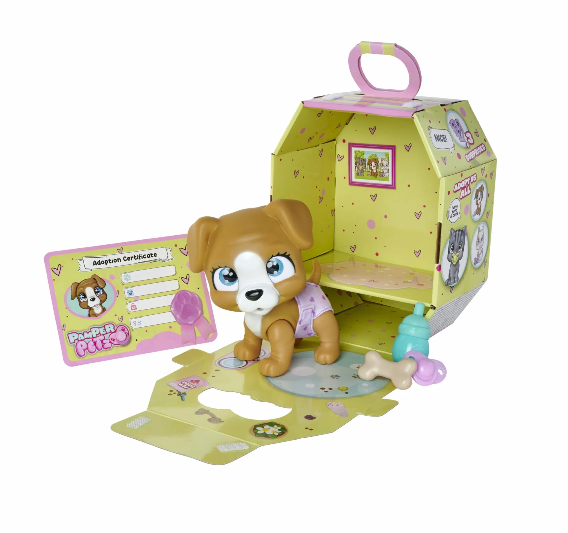 Simba 105953050 Pamper Petz Piesek z funkcją picia i siusiania 15 cm, szczeniaczek z akcesoriami - niespodziankami, magiczna łapka zdradza płeć pupila, zwierzak dla dzieci od 3 lat