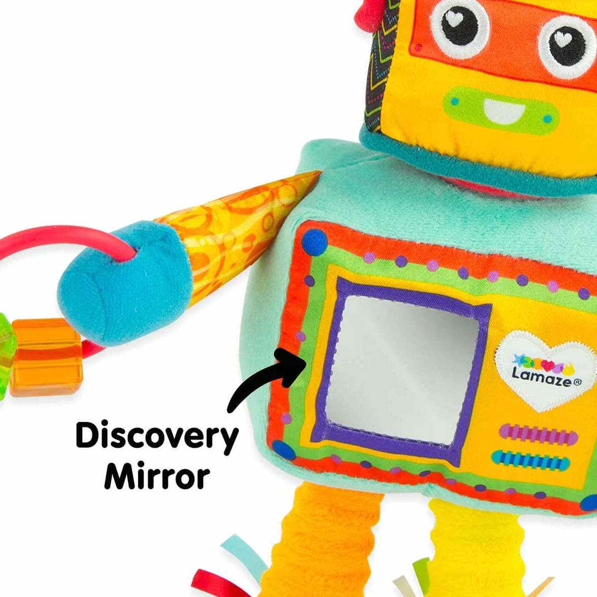 LAMAZE Rusty the Robot, klips na wózek dziecięcy i wózek dziecięcy, zabawka sensoryczna dla niemowląt, chłopców i dziewcząt od 0 do 6 miesięcy
