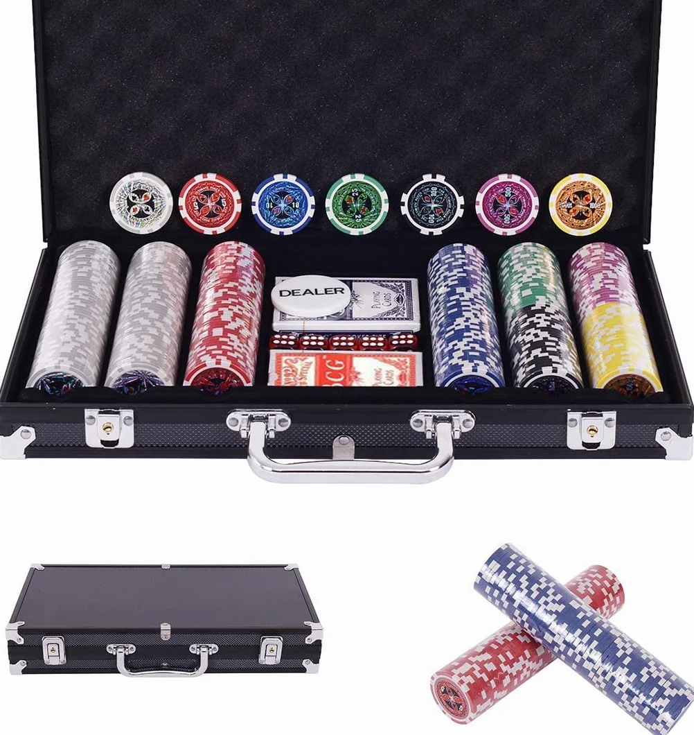 COSTWAY Zestaw żetonów pokerowych z 300szt laserowych żetonów (11,5 grama), karty pokerowe, 5 kości, aluminiowe etui do Texas Holdem, Blackjack, Roulette