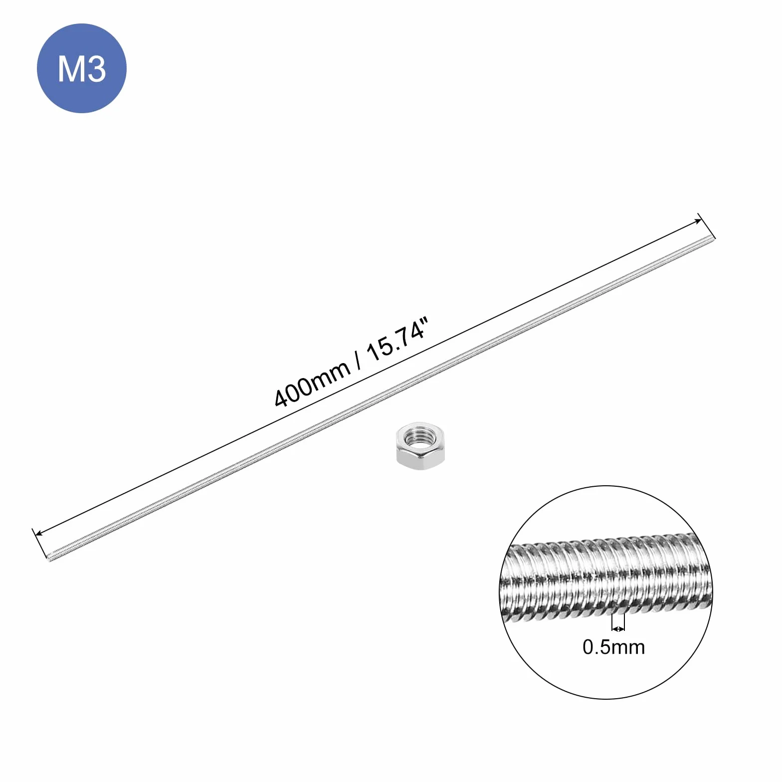 QUARKZMAN Zestaw 5 prętów gwintowanych M3 x 400 mm, 10 sztuk nakrętek sześciokątnych, skok gwintu 1,25 mm, stal nierdzewna 304, gwint prawy, trzpień