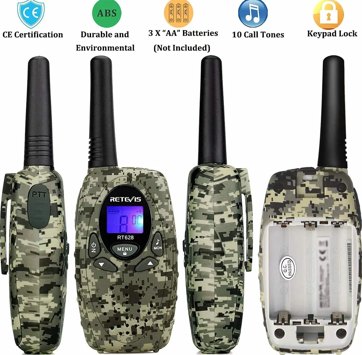 Retevis RT628 krótkofalówka dla dzieci, duży zasięg, prosta obsługa PMR446, zabawka dla dzieci w wieku od 3 do 12 lat, Spy Gear, podróże (1 para, kamuflaż)