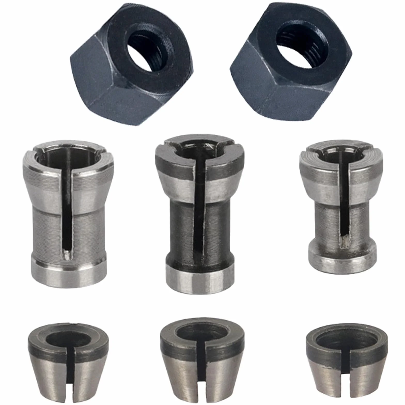 Zestaw 8 sztuk tulejek zaciskowych, stalowe akcesoria frezarskie, 6 adapterów zaciskowych (6 mm, 6,35 mm, 8 mm) z 2 nakrętkami, precyzyjny uchwyt zaciskowy do maszyny do grawerowania, obróbki drewna