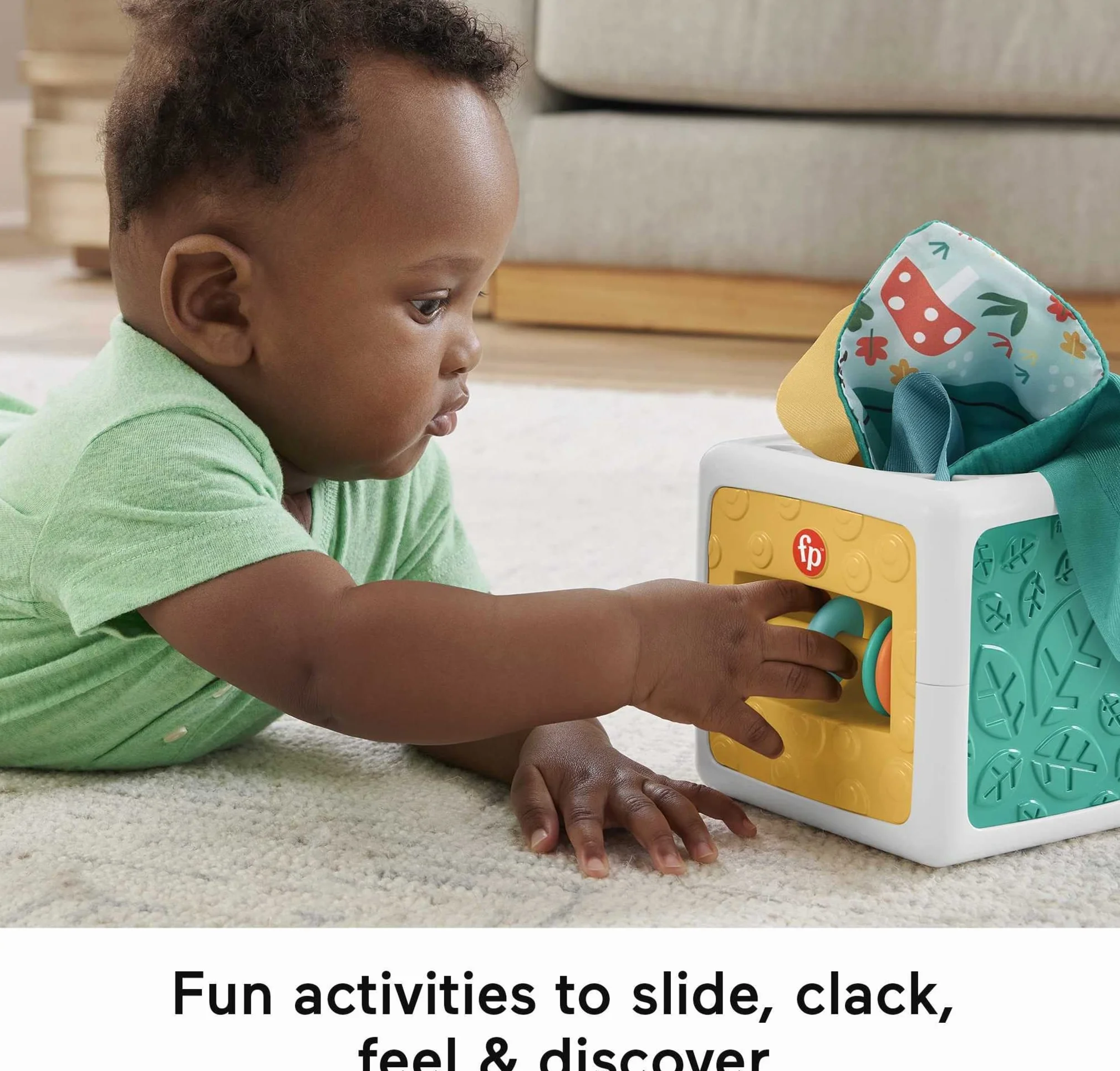 Fisher-Price Kostka sensoryczna Pudełko chusteczek zabawka dla niemowląt, zabawa na brzuszku, szeleszczące zabawki, HML64