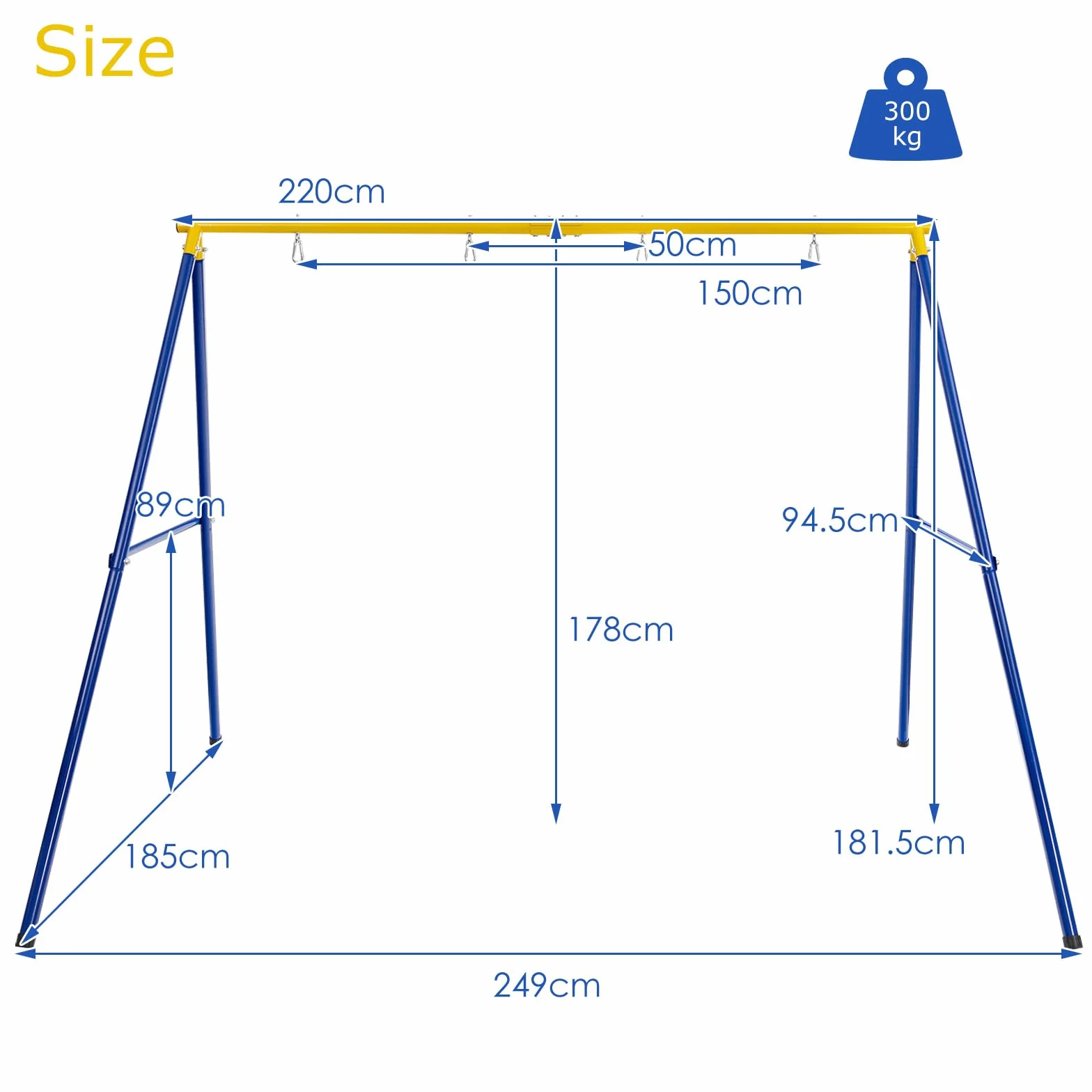 KOMFOTTEU Podwójna rama huśtawka z metalu, stelaż huśtawka do gniazdowej i dziecięcej, obciążenie do 300 kg, do ogrodu na podwórko, 249 x 185 x 178 cm, żółty + niebieski