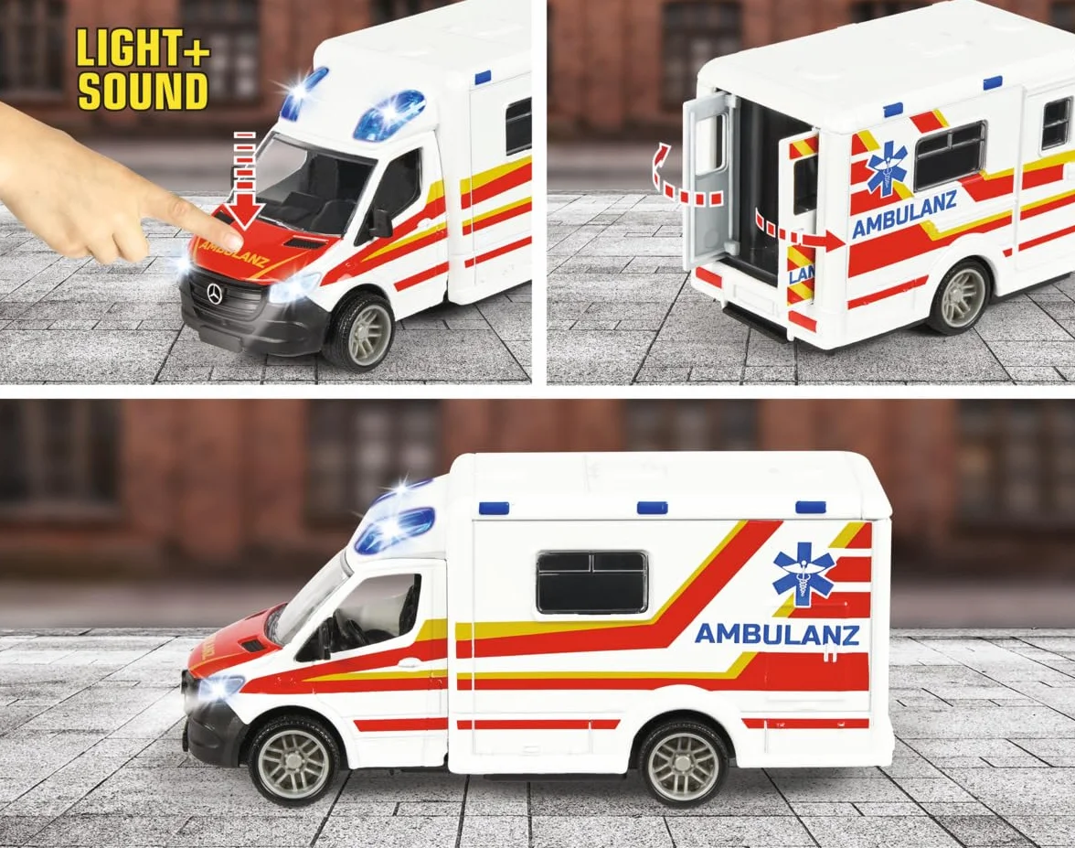 Majorette Grand 213712001038 MercedesBenz Ambulans 12,5 cm, światło i dźwięk, Licencjonowany metalowa karetka die cast do zabawy na świeżym powietrzu, prezent dla dzieci od 3 lat