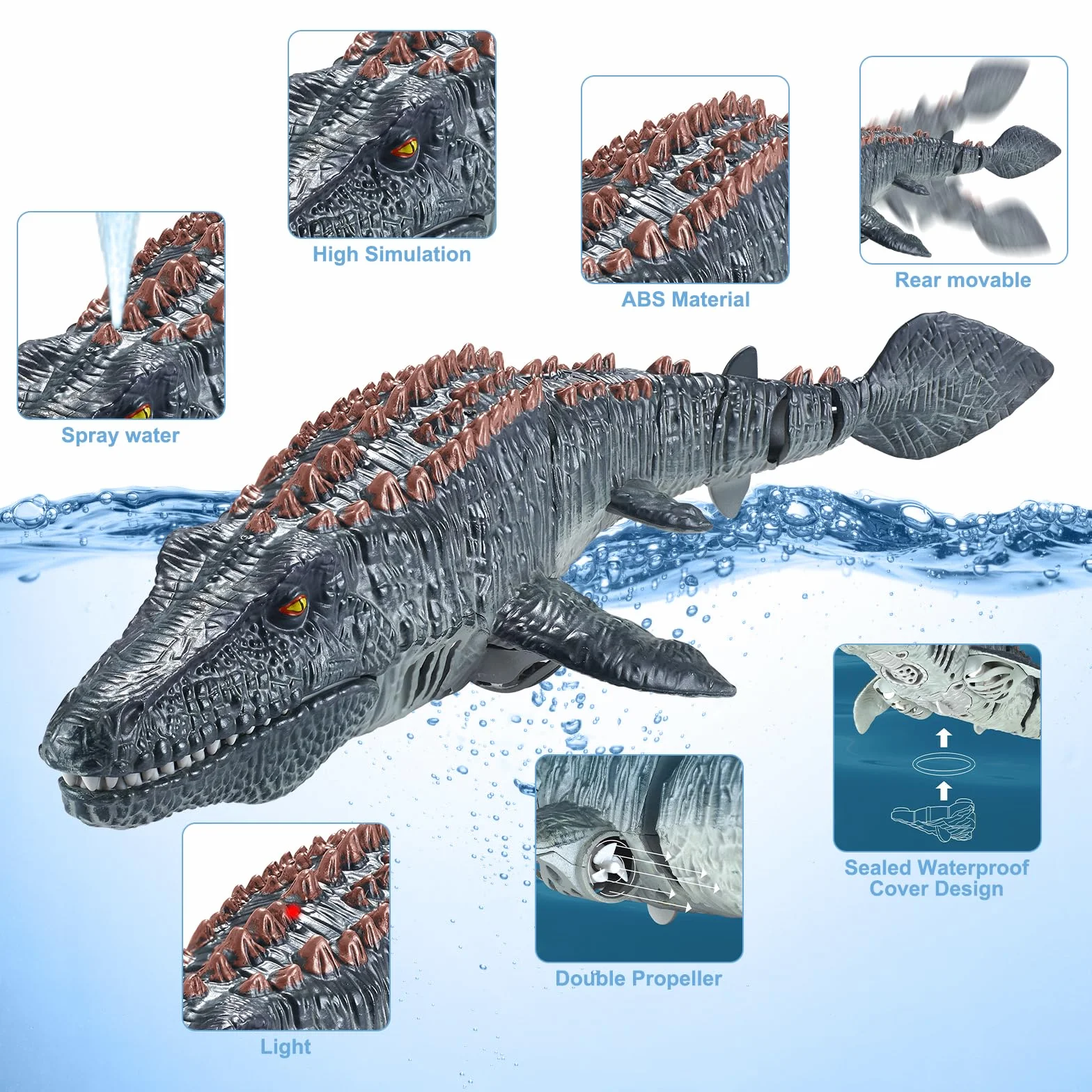 Zdalnie sterowana łódź Mosasaurus z mgiełką, podwójne śmigło, zabawka dla dzieci