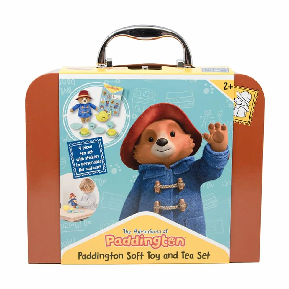 Rainbow Designs Paddington Bear's Toy Tea Set – 9-częściowy zestaw do herbaty dla dzieci z czajnikiem, kubkami, spodkami i dzbankiem na cukier – zawiera pluszową zabawkę, walizkę wielokrotnego użytku
