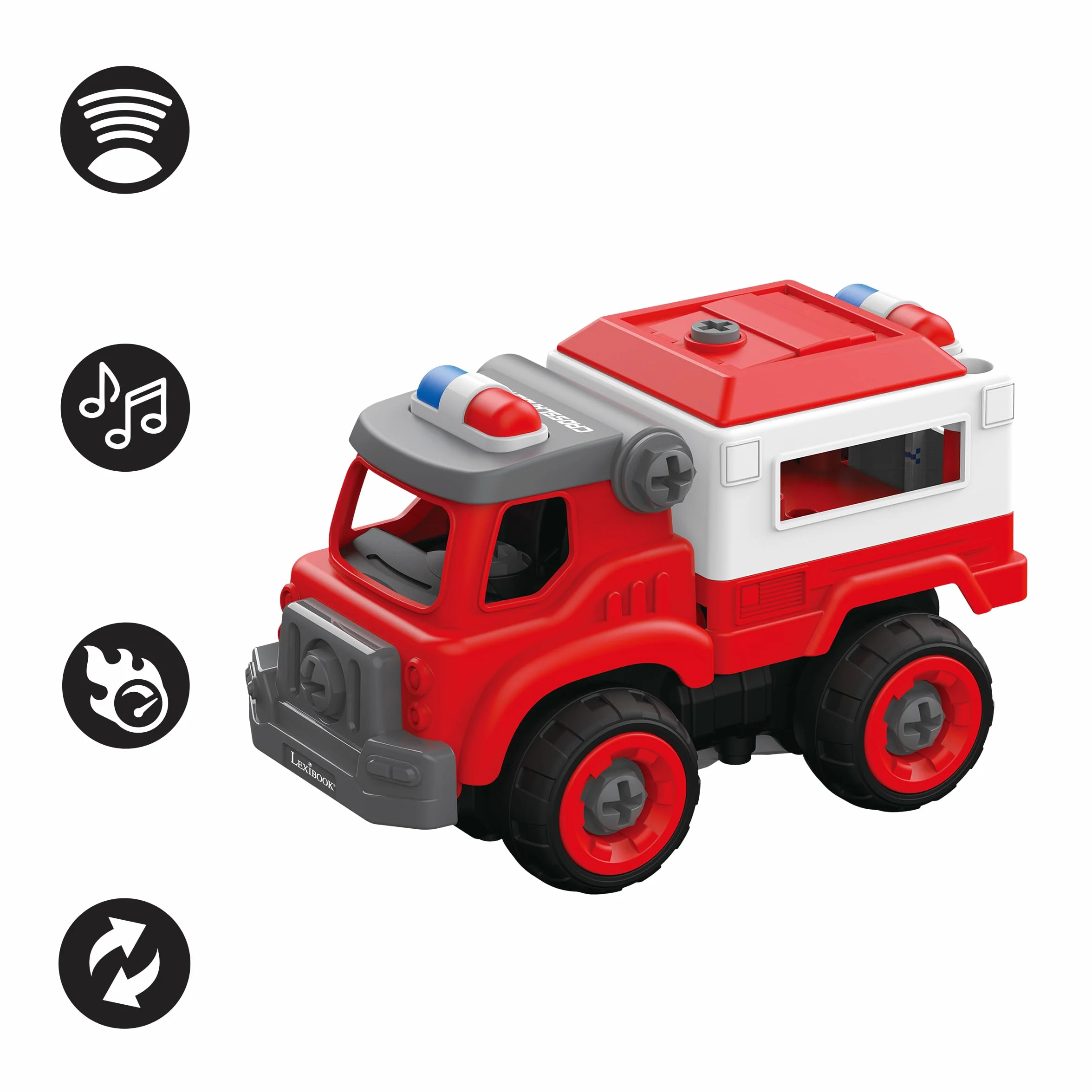 Lexibook, Crosslander Fireman Rc, Zdalnie Sterowany Wóz Strażacki do Złożenia, 3 Możliwe Konstrukcje, 33 Części, w Zestawie Śrubokręty Elektryczne i Ręczne, RCP25