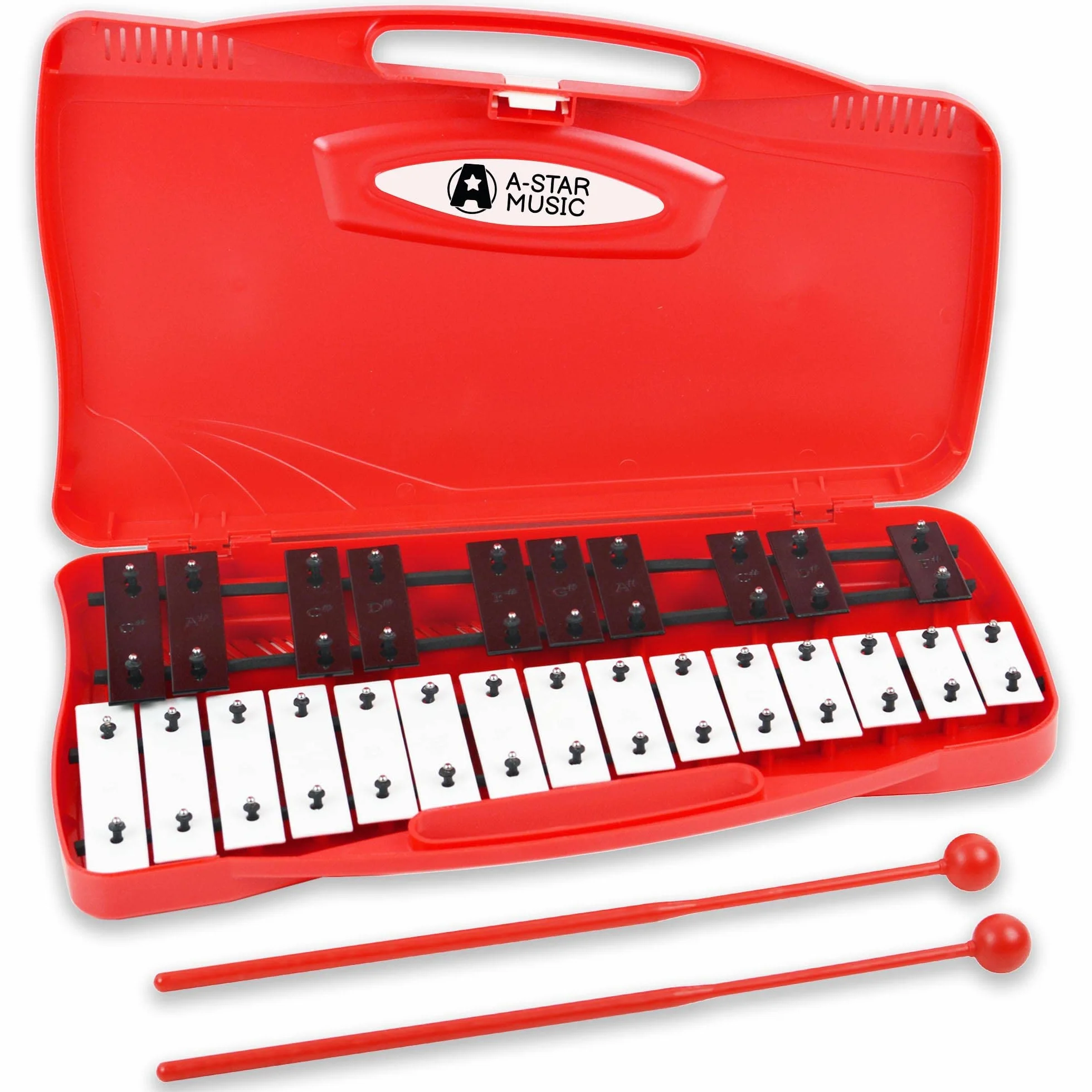 A-Star 25 Note Soprano Chromatic Glockenspiel Ksylofon w czerwonym etui z czarno-białymi klawiszami i dwoma plastikowymi bijakami - 2 oktawy G5 do G7