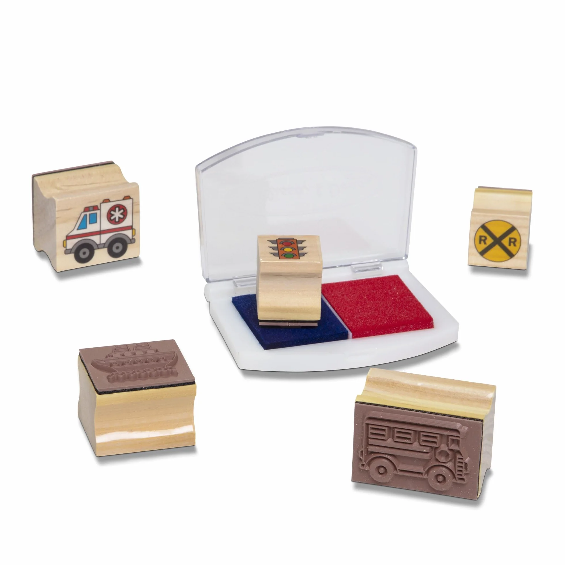Melissa & Doug 41901 Zestaw drewnianych pieczątek Deluxe - Pojazdy | Sztuka i rzemiosło | 3+ | Prezent dla chłopca lub dziewczynki