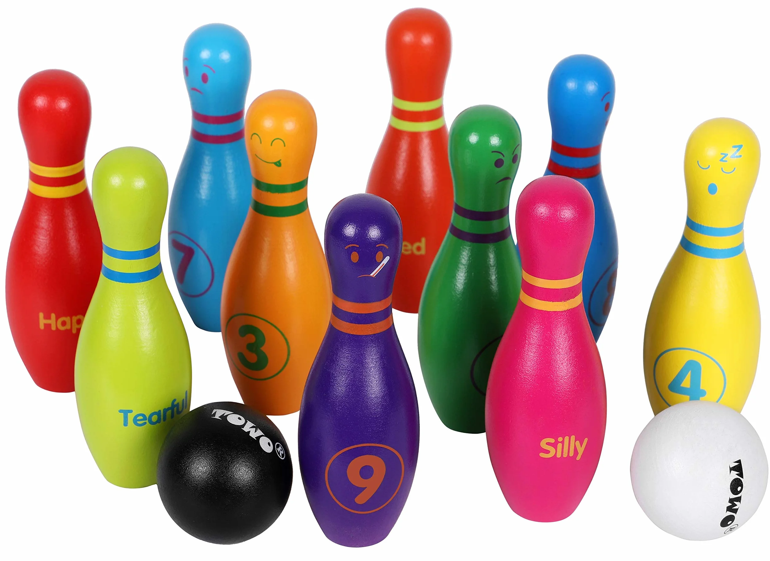 TOWO Skittles drewniane dla dzieci - drewniane Skittle Set z twarzy emocji i numery - 10 Pin Bowling Zestaw dla dzieci kryty i zabawki ogrodowe - drewniane zabawki dla 2 lat Maluch