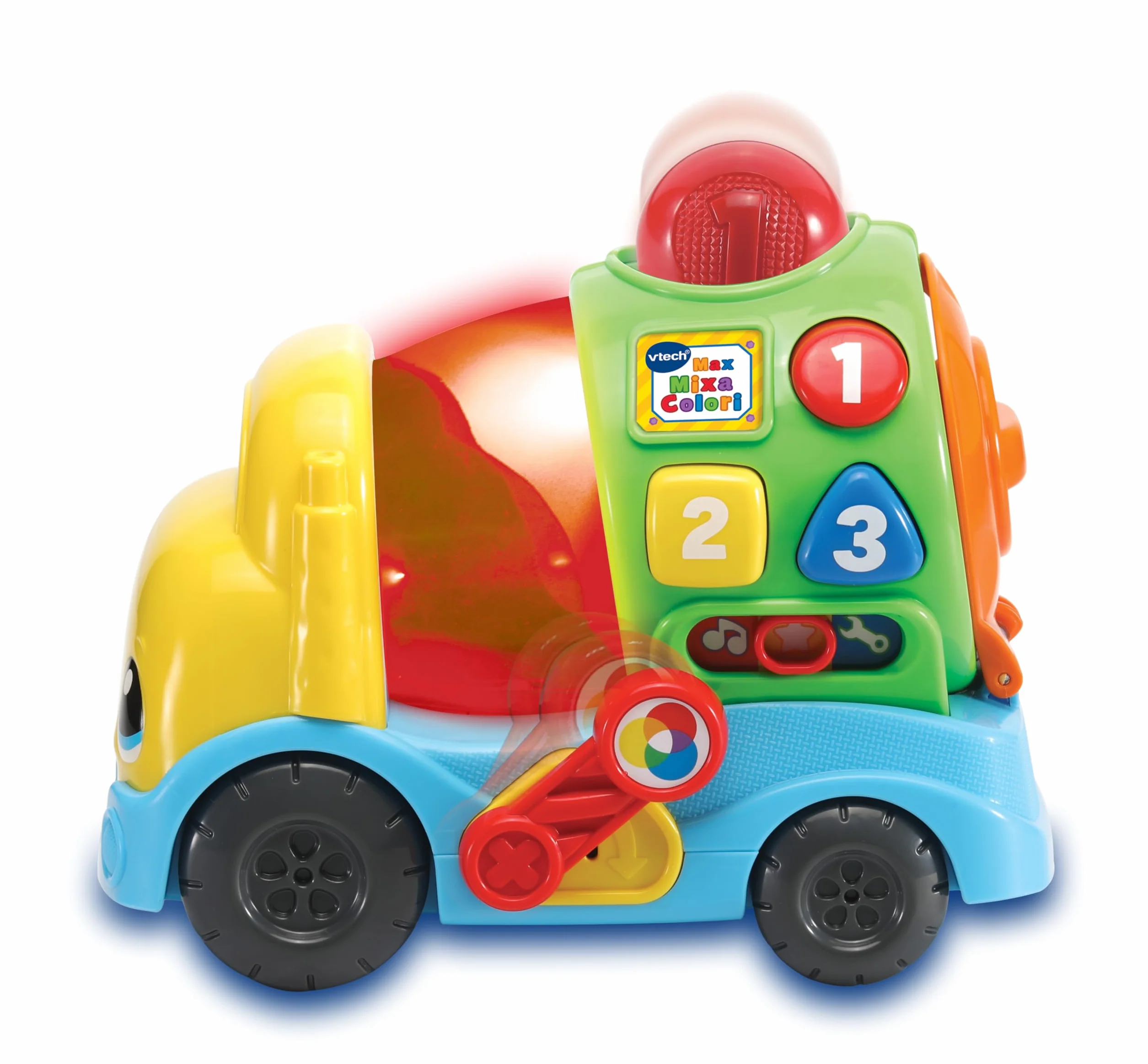 VTech Max Mixa Colori, gadająca ciężarówka, 5 melodii, rozpoznawanie i mieszanie kolorów, 3 tryby gry, regulacja głośności, automatyczne wyłączanie, język włoski, baterie w zestawie, 12-36 miesięcy