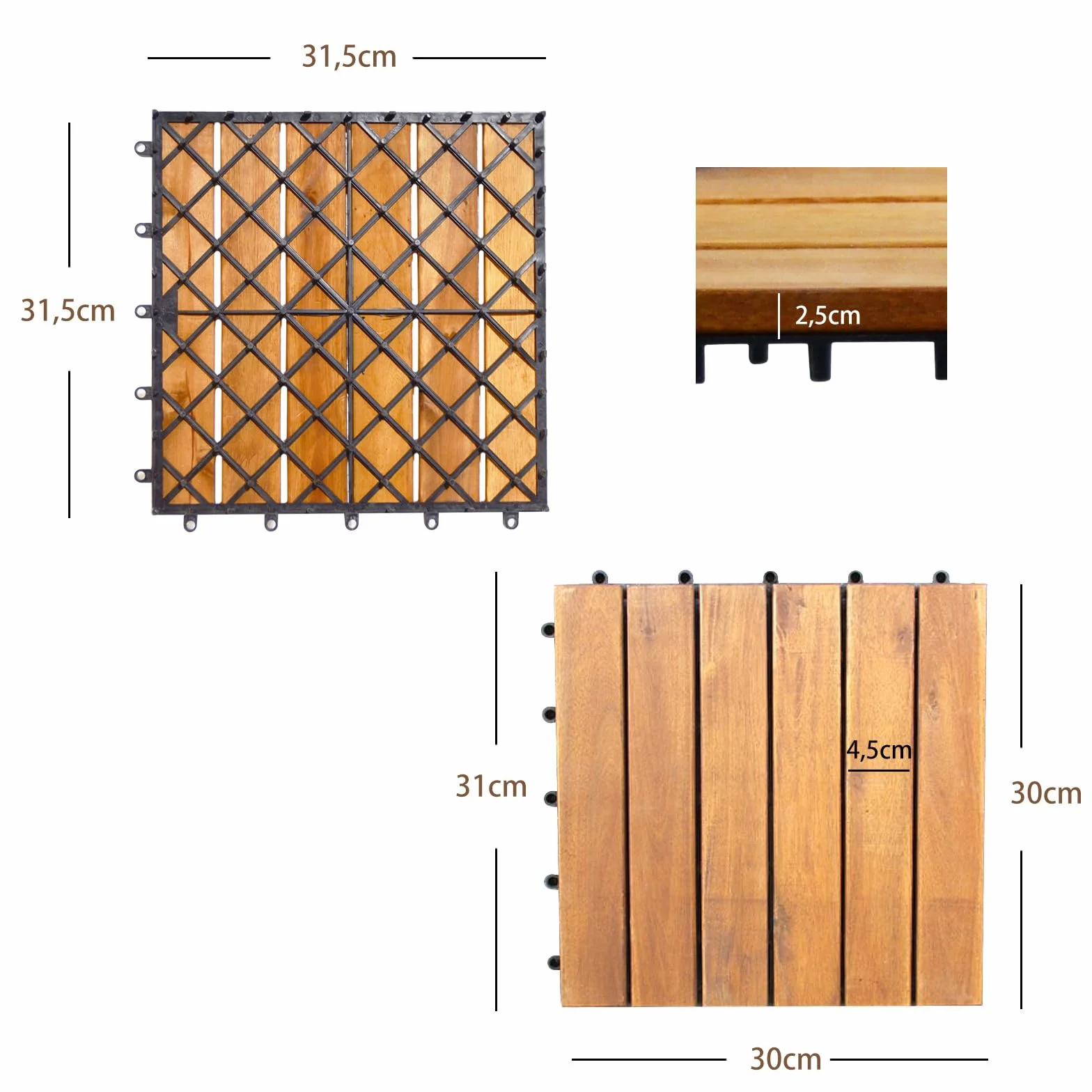 COSTWAY Płytki drewniane, na balkon, 30 x 30 cm, drewno akacjowe, zestaw 27 płytek tarasowych 2,43 m², płytki balkonowe z systemem zatrzaskowym, wykładzina podłogowa na taras, balkon i do ogrodu