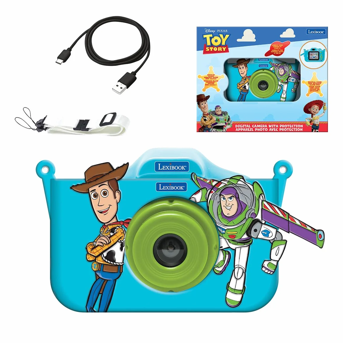 Lexibook, Aparat dla dzieci Disney Toy Story, Ochronna osłona z postacią, Wbudowana pamięć flash, Ładowany przez USB‑C, Niebieski/Zielony