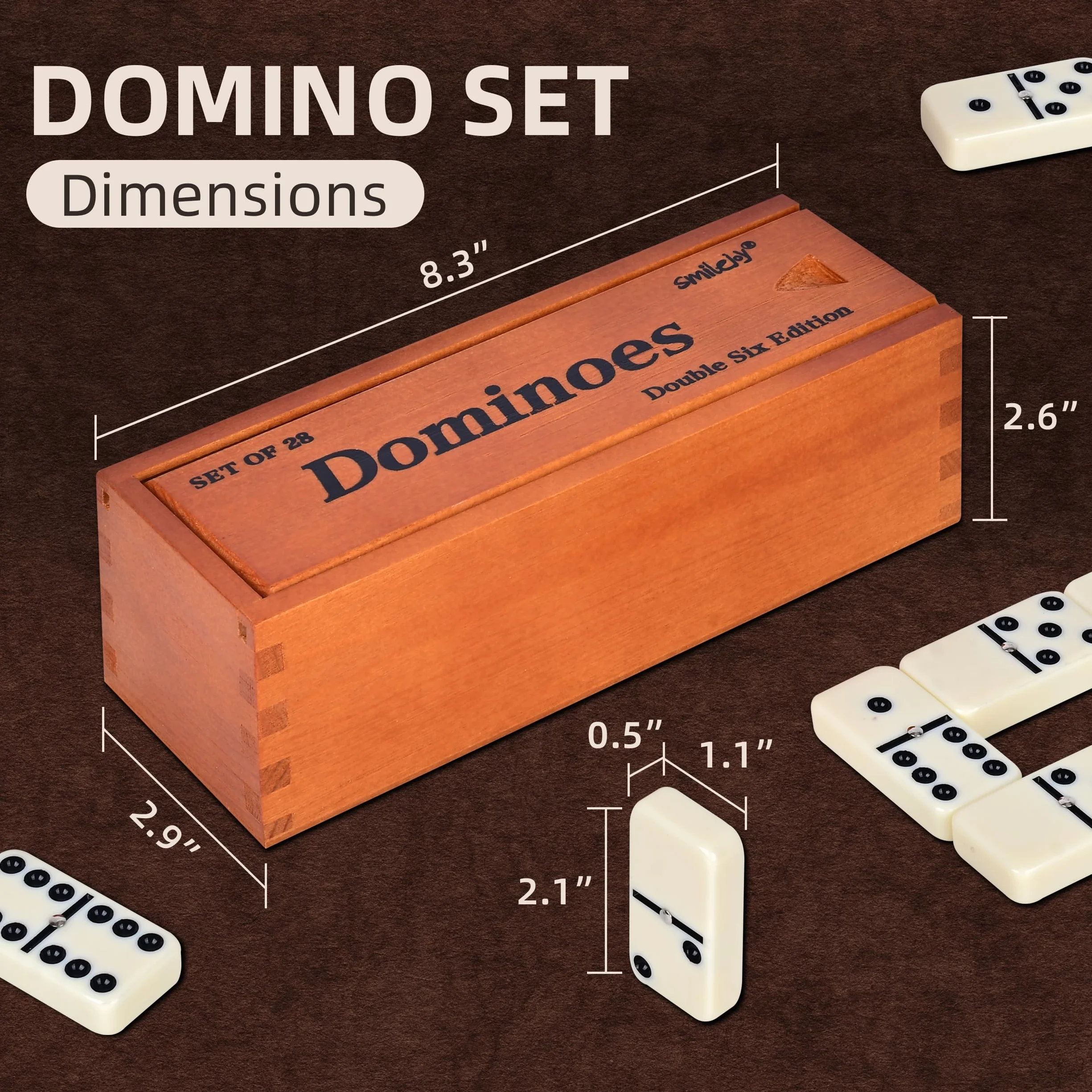 Smilejoy Zestaw domino dla dorosłych, zestaw domino w rozmiarze Jumbo do klasycznych gier planszowych, duży rozmiar podwójny, 6 domino, zestaw 28 sztuk, z brązowym drewnianym pudełkiem Deluex (2-4