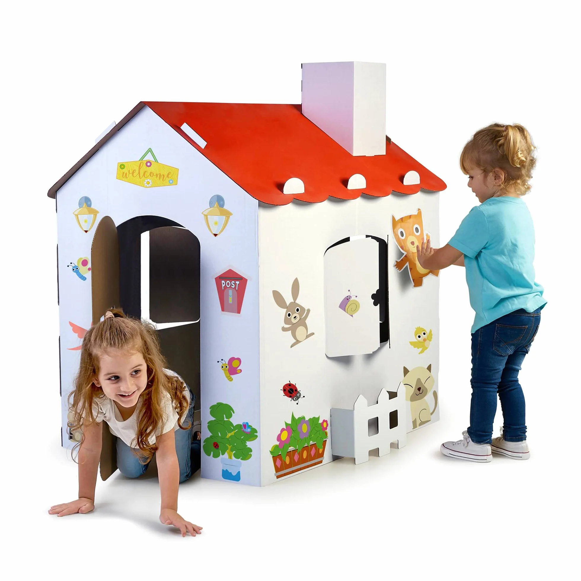 FEBER - Duży karton dziecięcy domek do malowania, kolorowania i zabawy, z zabawnymi naklejkami, ecohouse, dla dzieci od 3 lat, Famosa (FEB06000)