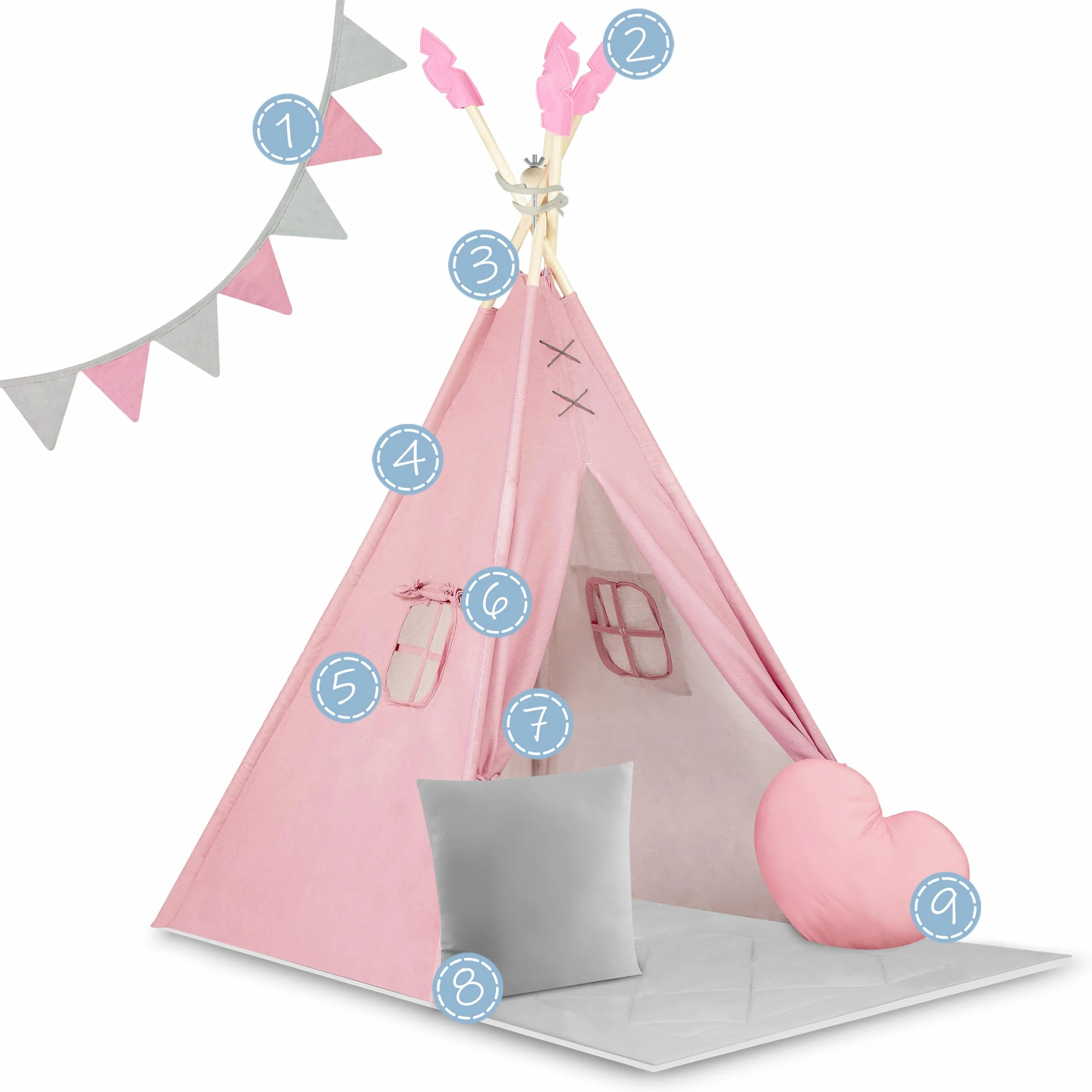 Nukido namiot dla dzieci tipi teepee wigwam z girlandą, poduszkami, dużą matą i stabilizatorem różowo-szary