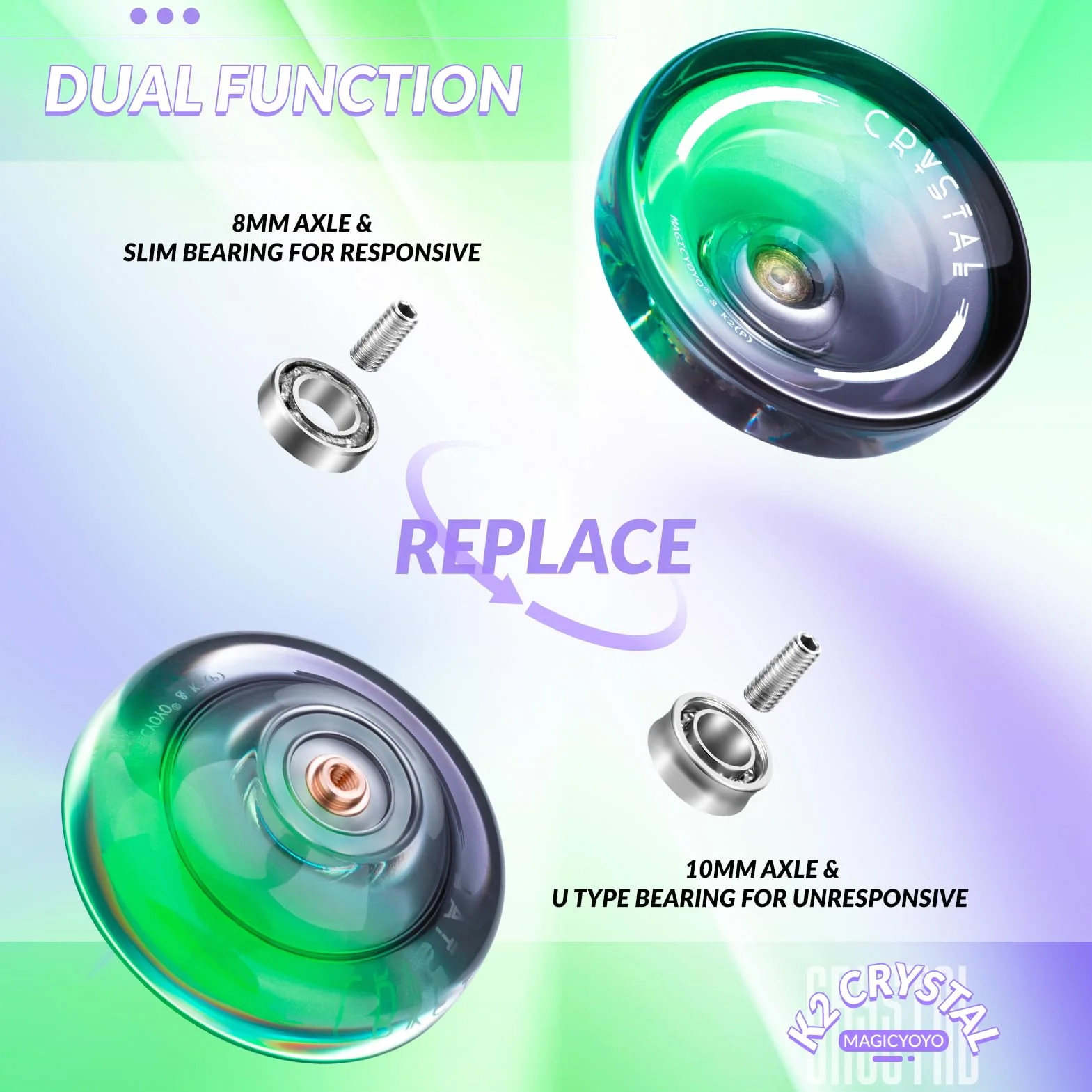 MAGICYOYO Crystal Yoyo K2 dla dzieci, responsywna i niereagująca piłka do yoyo, magiczna sztuczka jo-jo dla początkujących i dorosłych, dwufunkcyjne jo-jo z 12 strunami, etui, zestaw akcesoriów