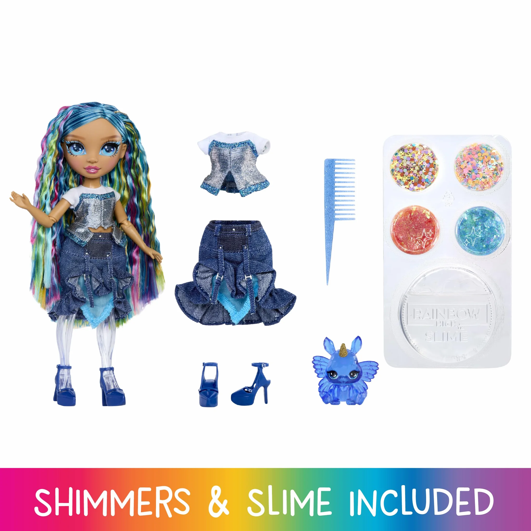 Rainbow High Rainbow Shimmers with Slime - Skyler, Niebieska - 28 cm Modna Lalka z Zestawem Slime i Króliczkiem, Odpowiednia dla Dzieci od 4. Roku Życia