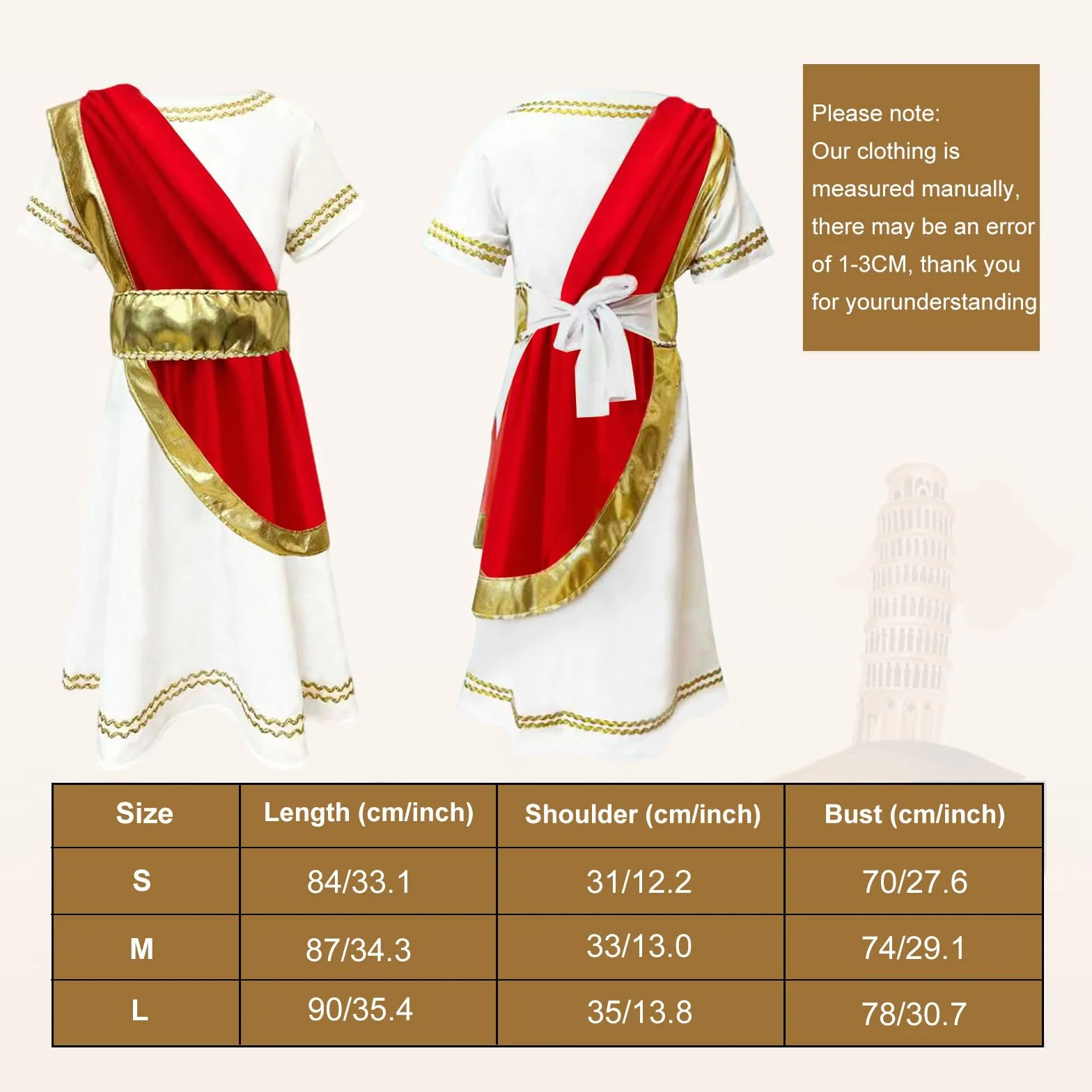 AOOWU Roman sukienka, 3 szt. Roman Toga kostium dla dzieci, rzymski kostium na cosplay, stroje na imprezę toga, Halloween, karnawał (S-L)