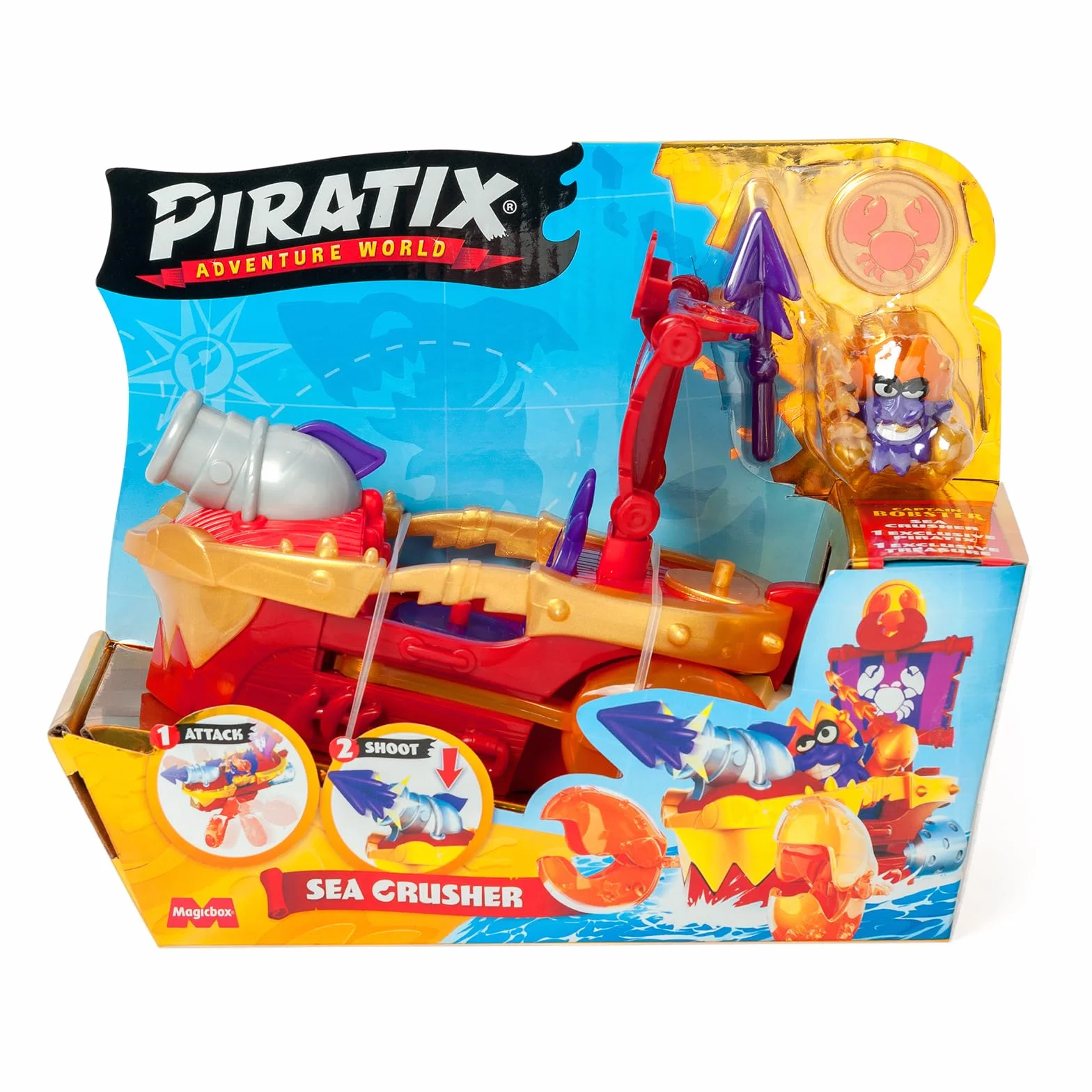 PIRATIX ADVENTURE WORLD Sea Crusher – Statek piracki w kształcie kraba. Zawiera 1 Statek Piratów, 1 ekskluzywny Piratix, 1 Ekskluzywny Skarb, 1 Akcesoria, 1 lufa i 1 pocisk