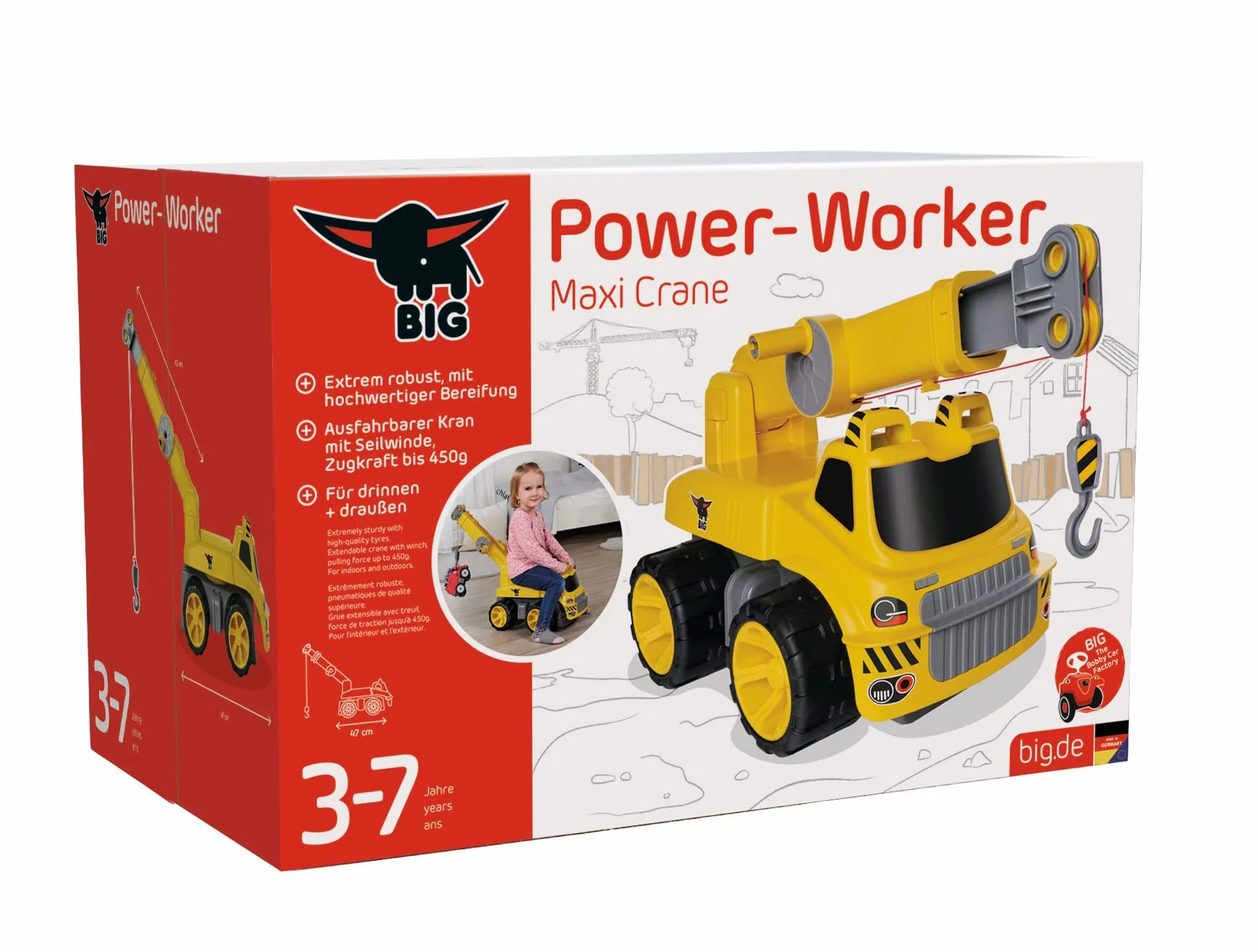 Big Power Worker Maxi dźwig (żółty) – duży dźwig zabawkowy z wciągarką linową i wysuwanym ramieniem dźwigu, pojazd dla dzieci od 3 lat (do 50 kg obciążenia)