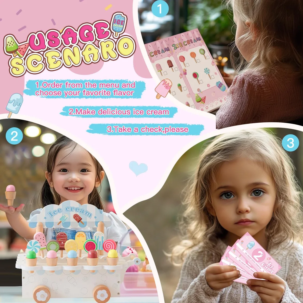 Lodziarnia dla dzieci, drewniana zabawka kuchenną, sklep z lodami, akcesoria do sprzedaży lodów, zabawka Montessori, prezent od 3 lat